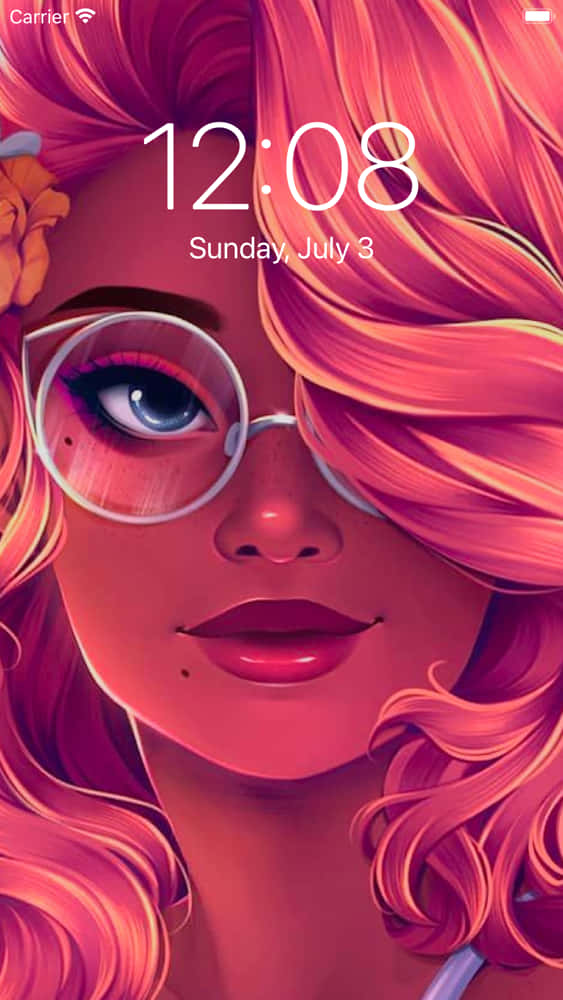 A Girl With Pink Hair And Glasses Is On The Screen Of An Iphone Background