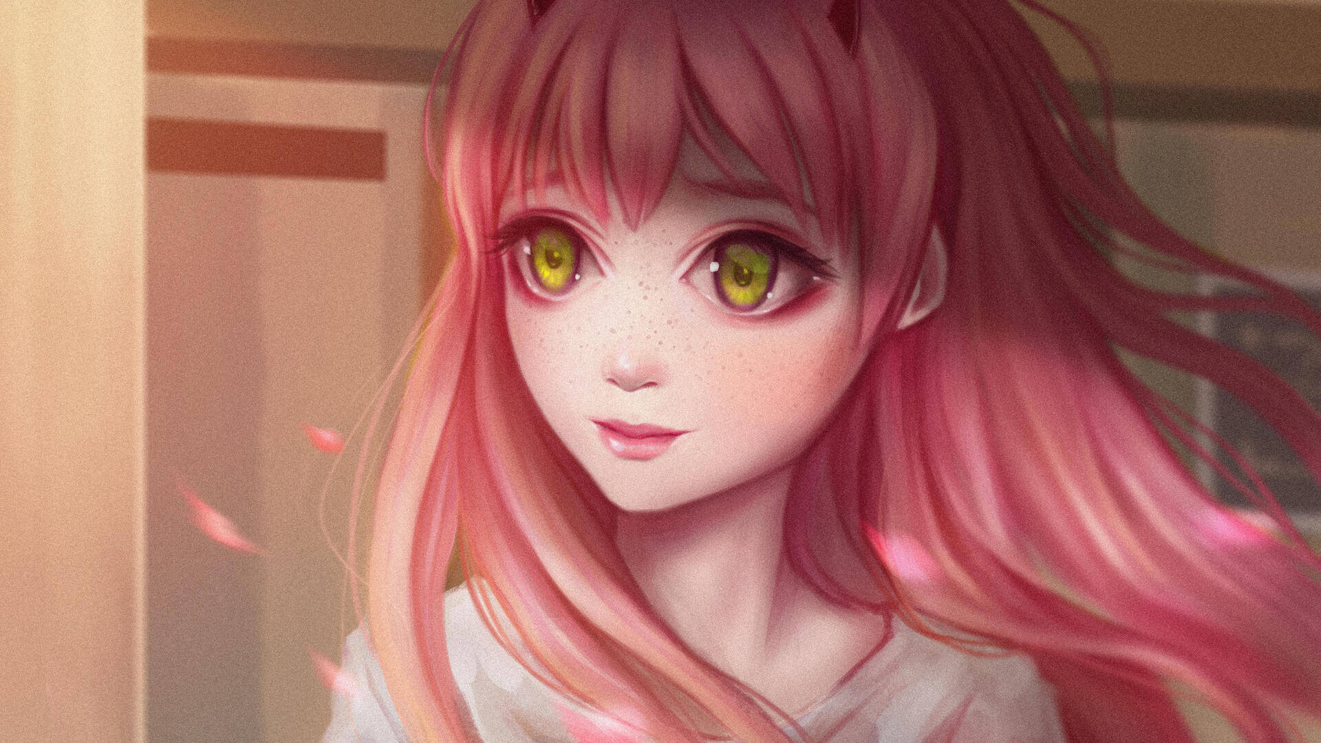 A Girl With Pink Hair And Green Eyes Background