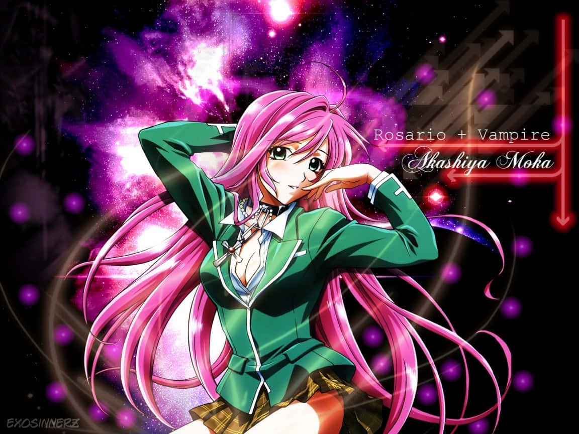 A Girl With Pink Hair And Green Uniform