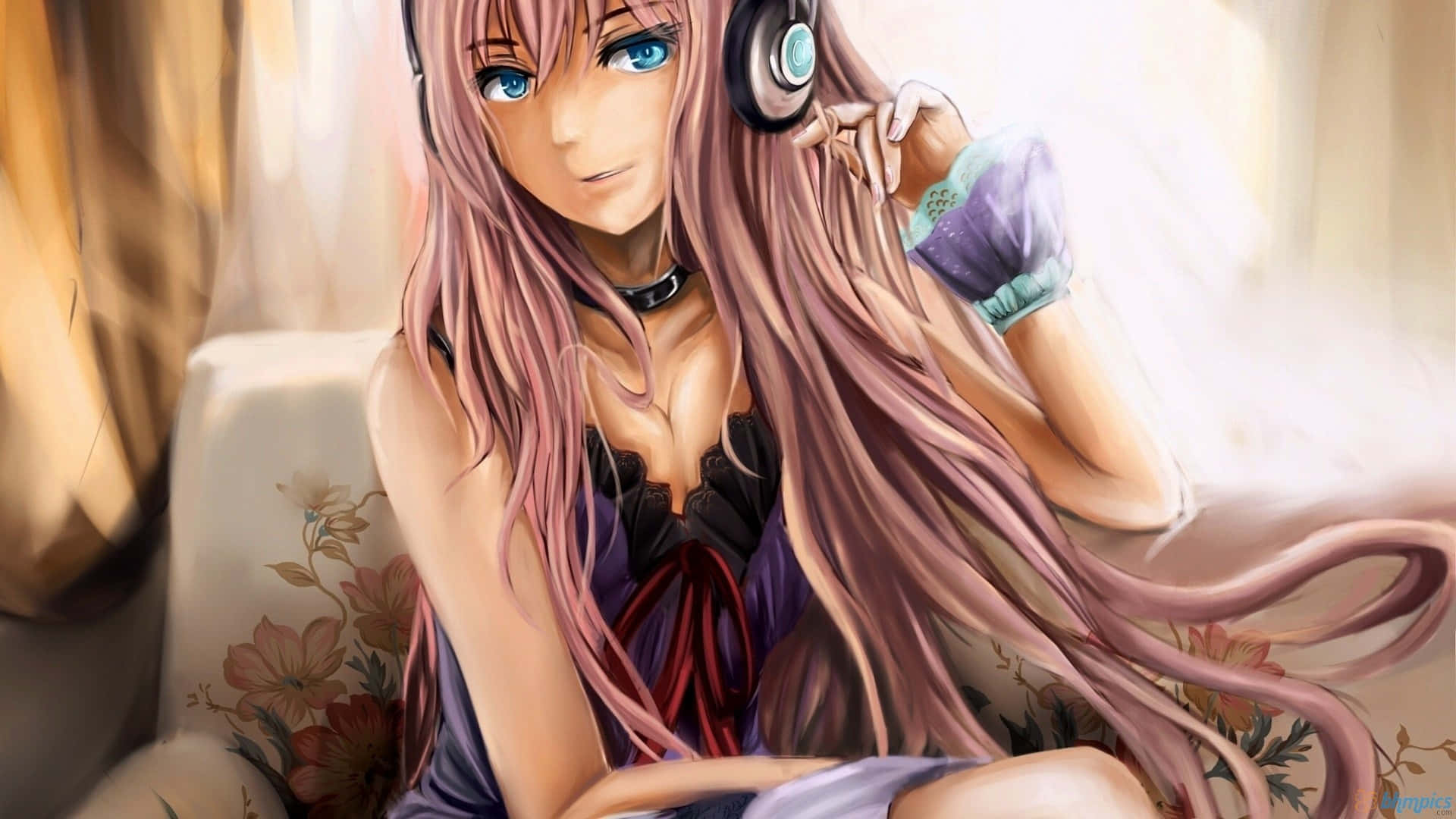 A Girl With Pink Hair And Headphones On