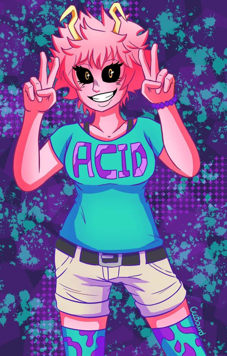 A Girl With Pink Hair And Pink Shirt Is Holding A Peace Sign Background
