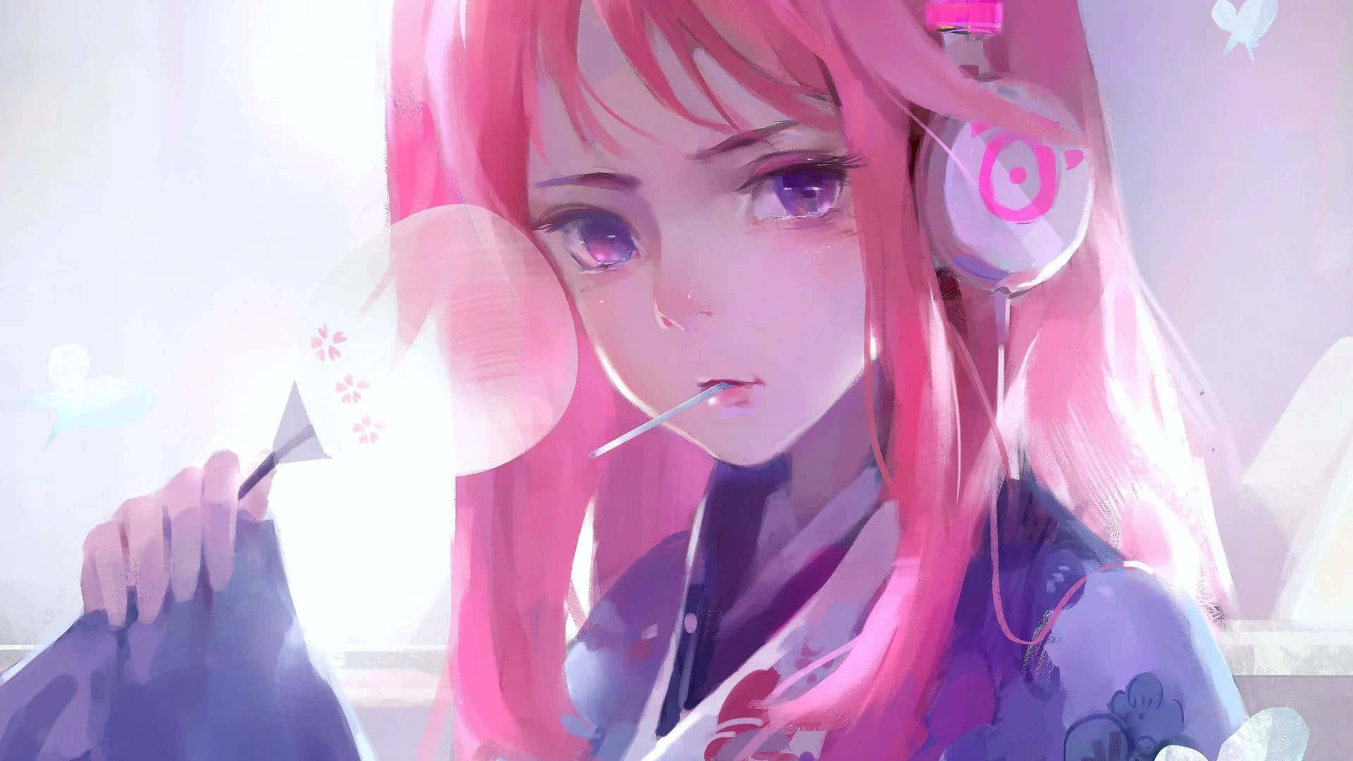 A Girl With Pink Hair Is Holding A Microphone Background