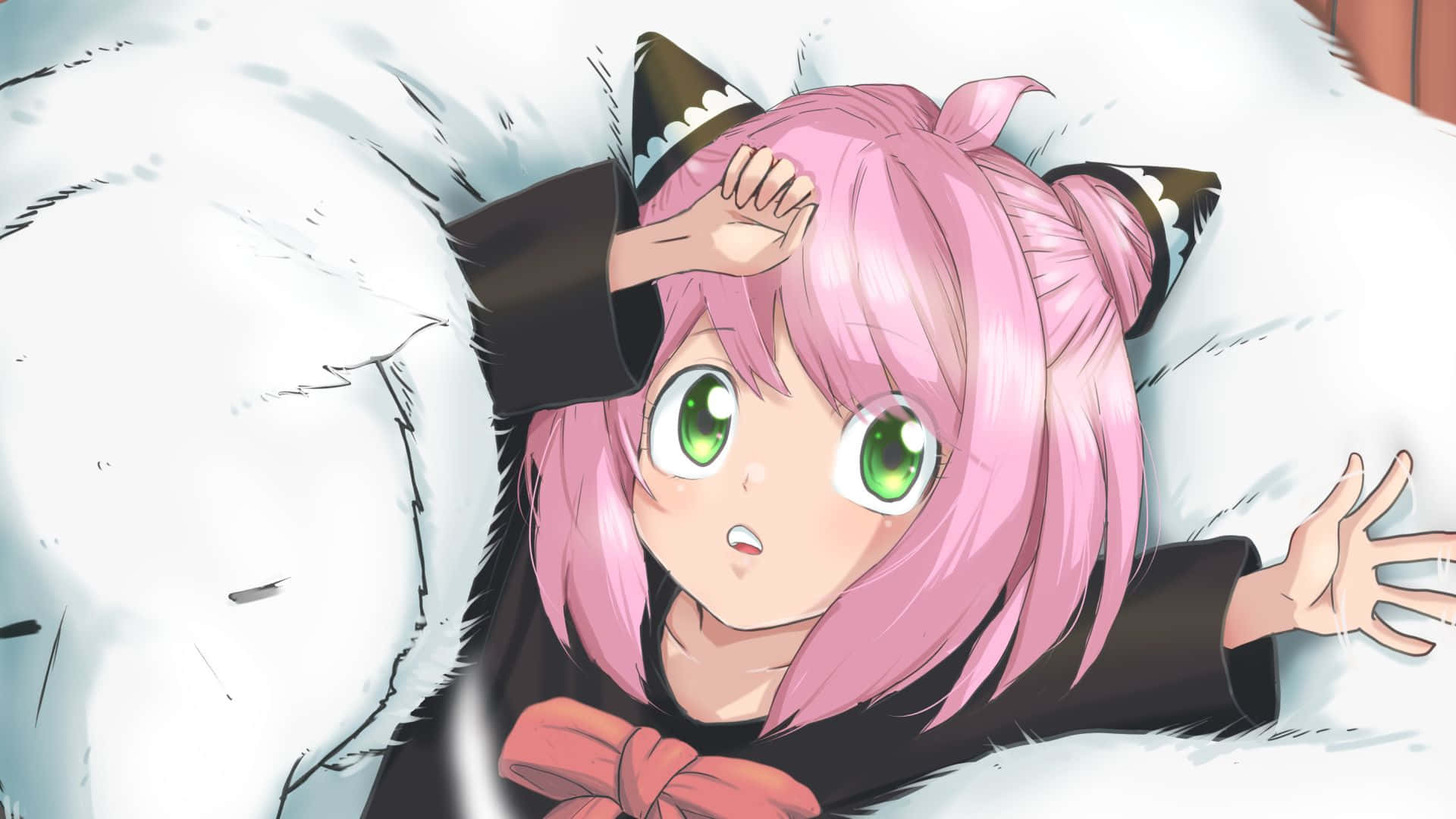 A Girl With Pink Hair Laying On A Furry Blanket Background