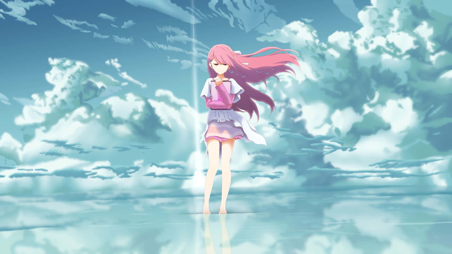 A Girl With Pink Hair Standing In The Water Background