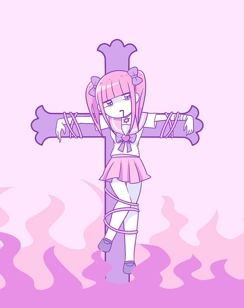 A Girl With Pink Hair Standing On A Cross Background