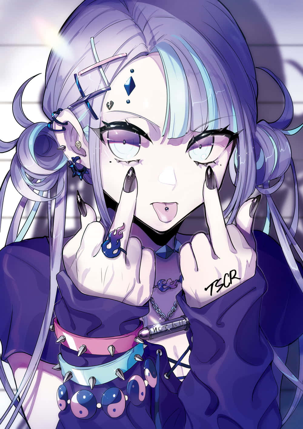 A Girl With Purple Hair And A Finger Up