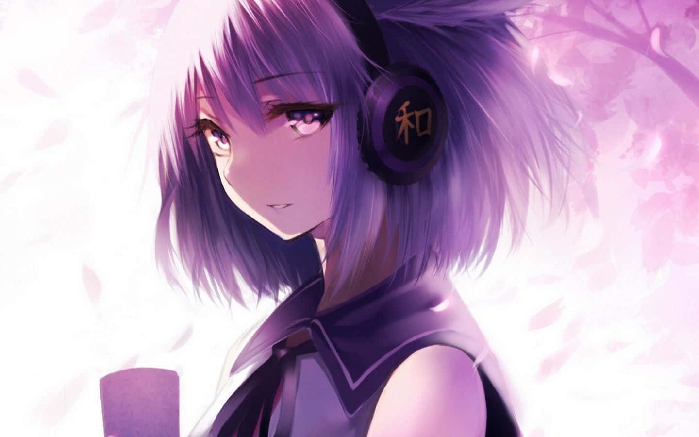 A Girl With Purple Hair And Headphones Is Sitting In A Tree Background