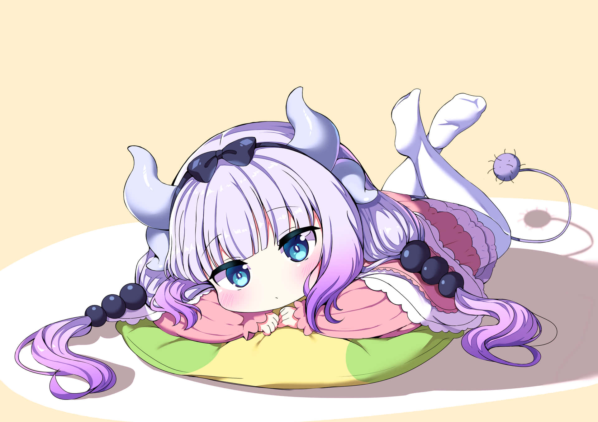 A Girl With Purple Hair And Horns Laying On A Pillow