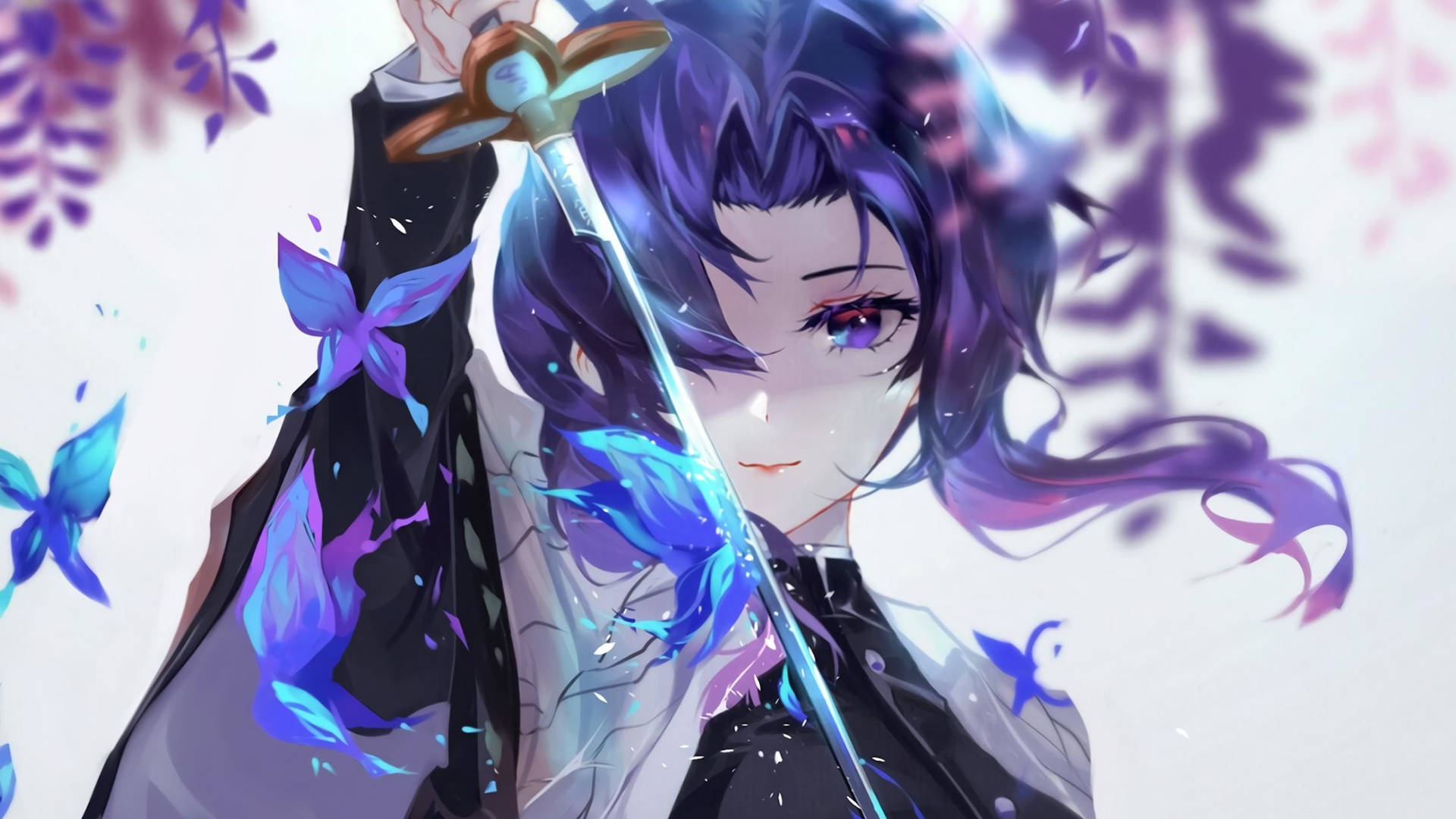 A Girl With Purple Hair Holding A Sword Background