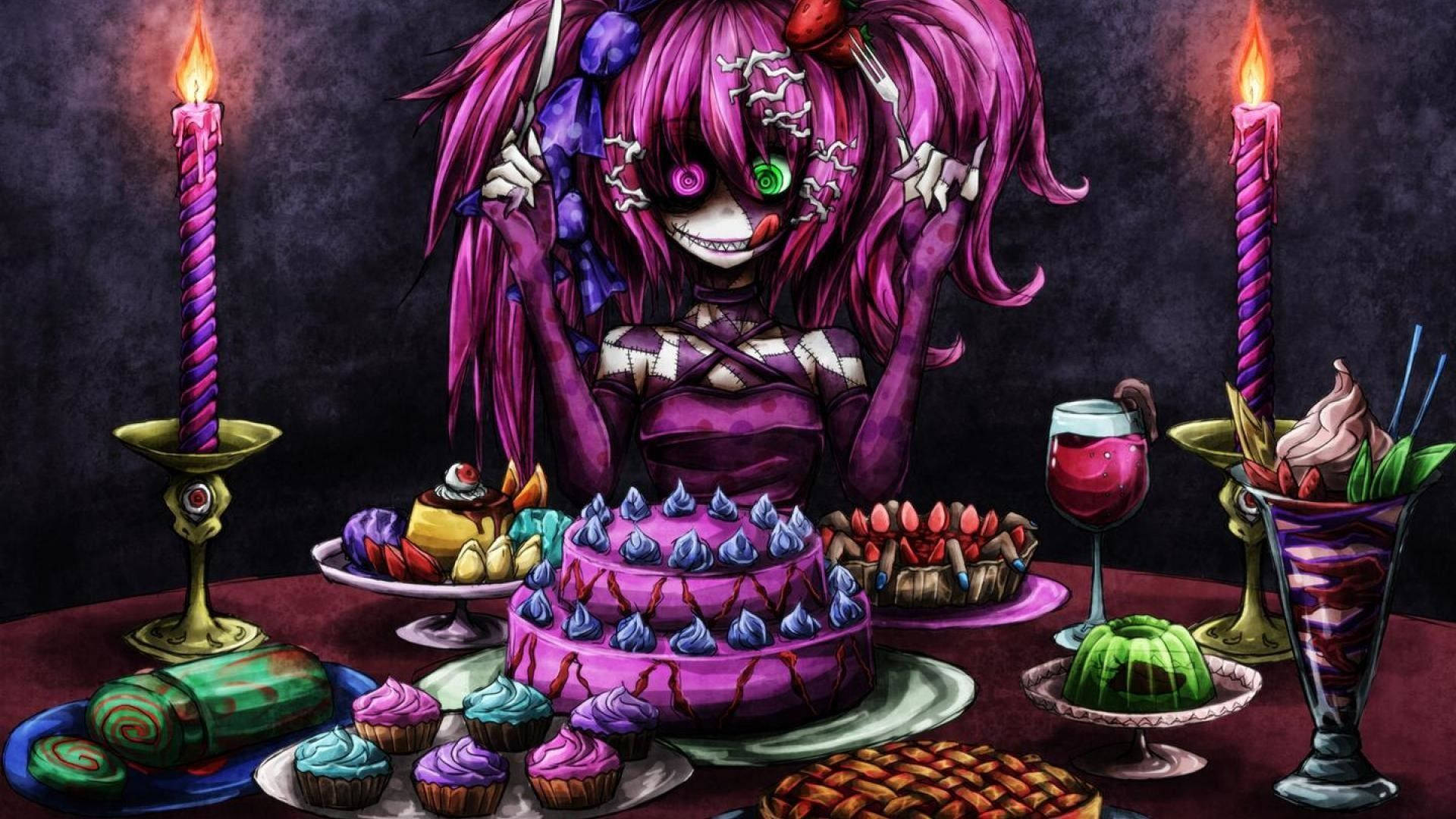 A Girl With Purple Hair Sitting At A Table With Candles And Cake Background