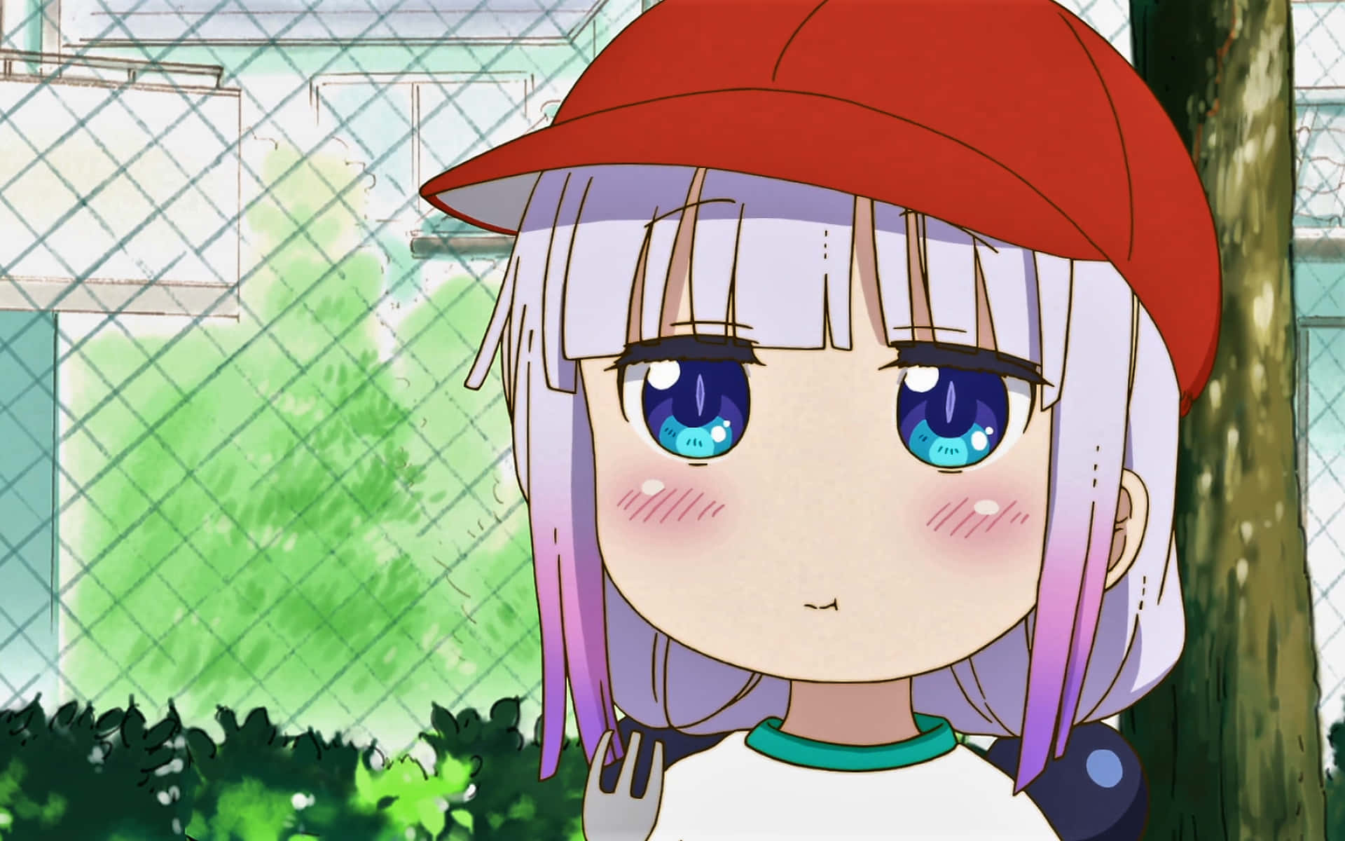 A Girl With Purple Hair Wearing A Red Baseball Cap Background