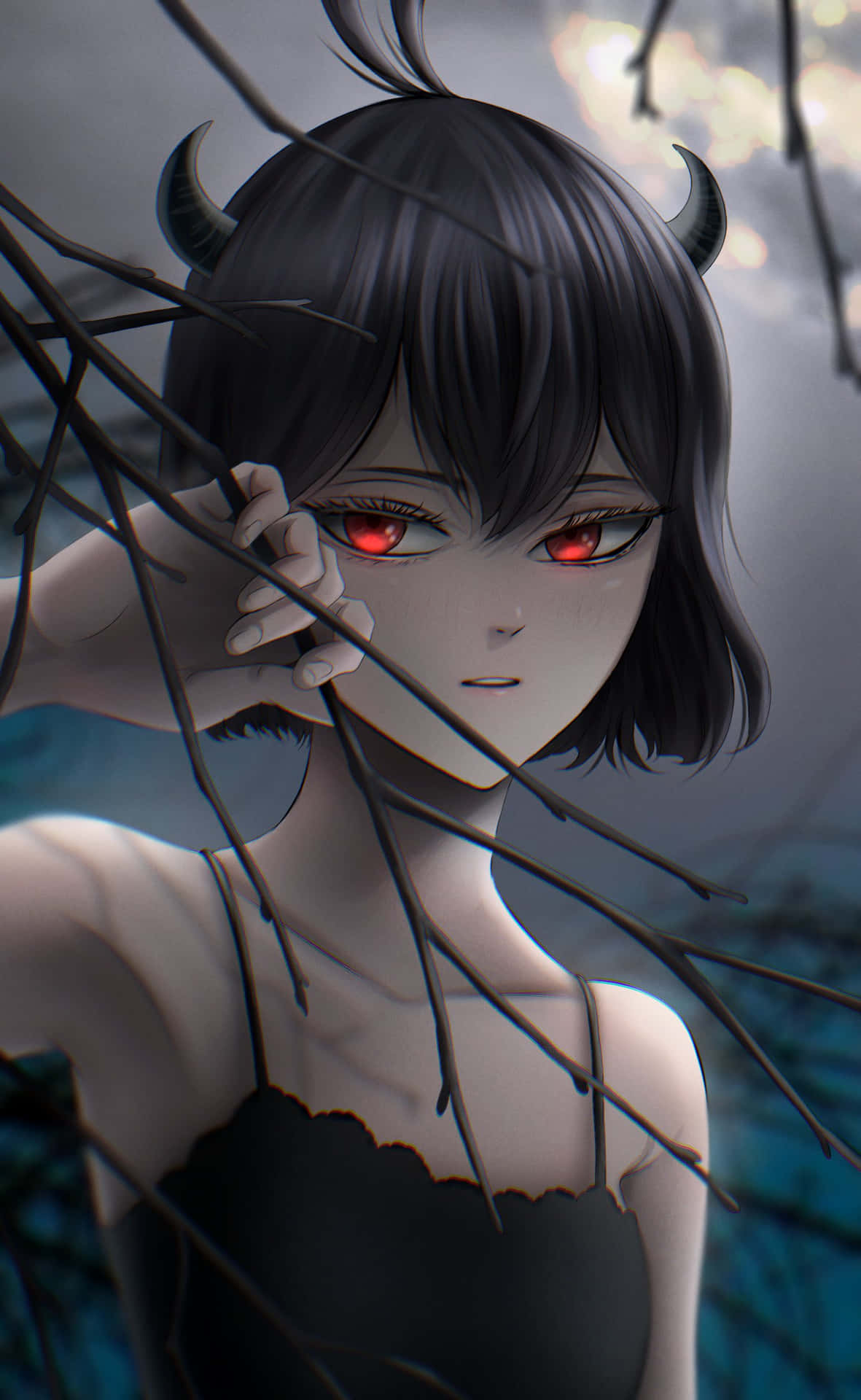 A Girl With Red Eyes And Horns Is Standing In A Tree Background