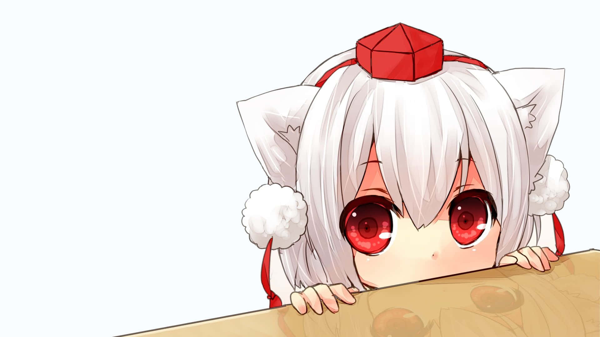 A Girl With Red Eyes Peeking Over A Table Background