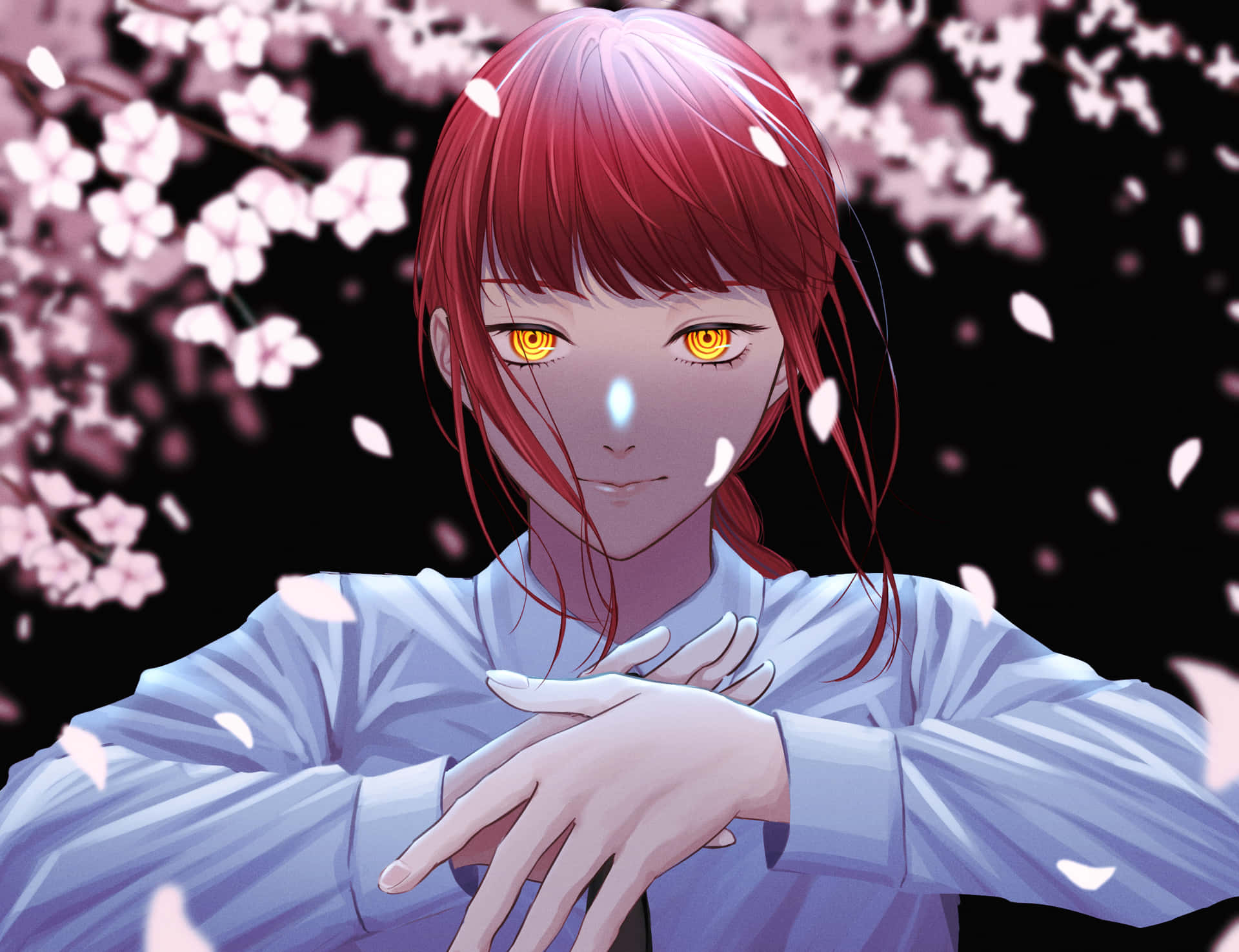 A Girl With Red Hair And Yellow Eyes Is Standing In Front Of A Flower Background