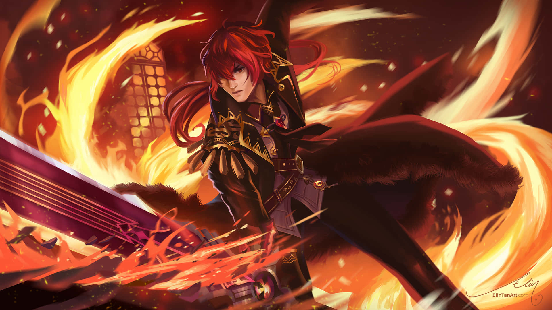 A Girl With Red Hair Holding A Sword In Flames