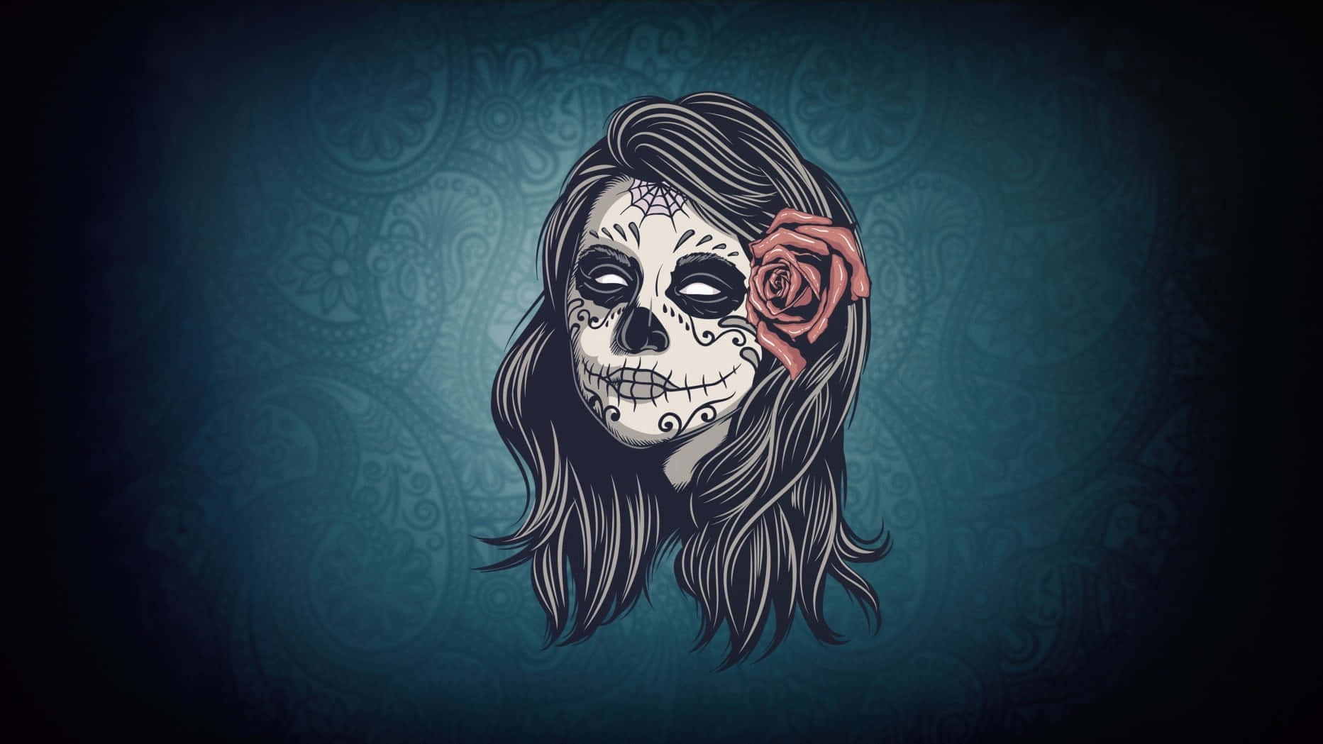 A Girl With Sugar Skull Makeup On A Blue Background Background