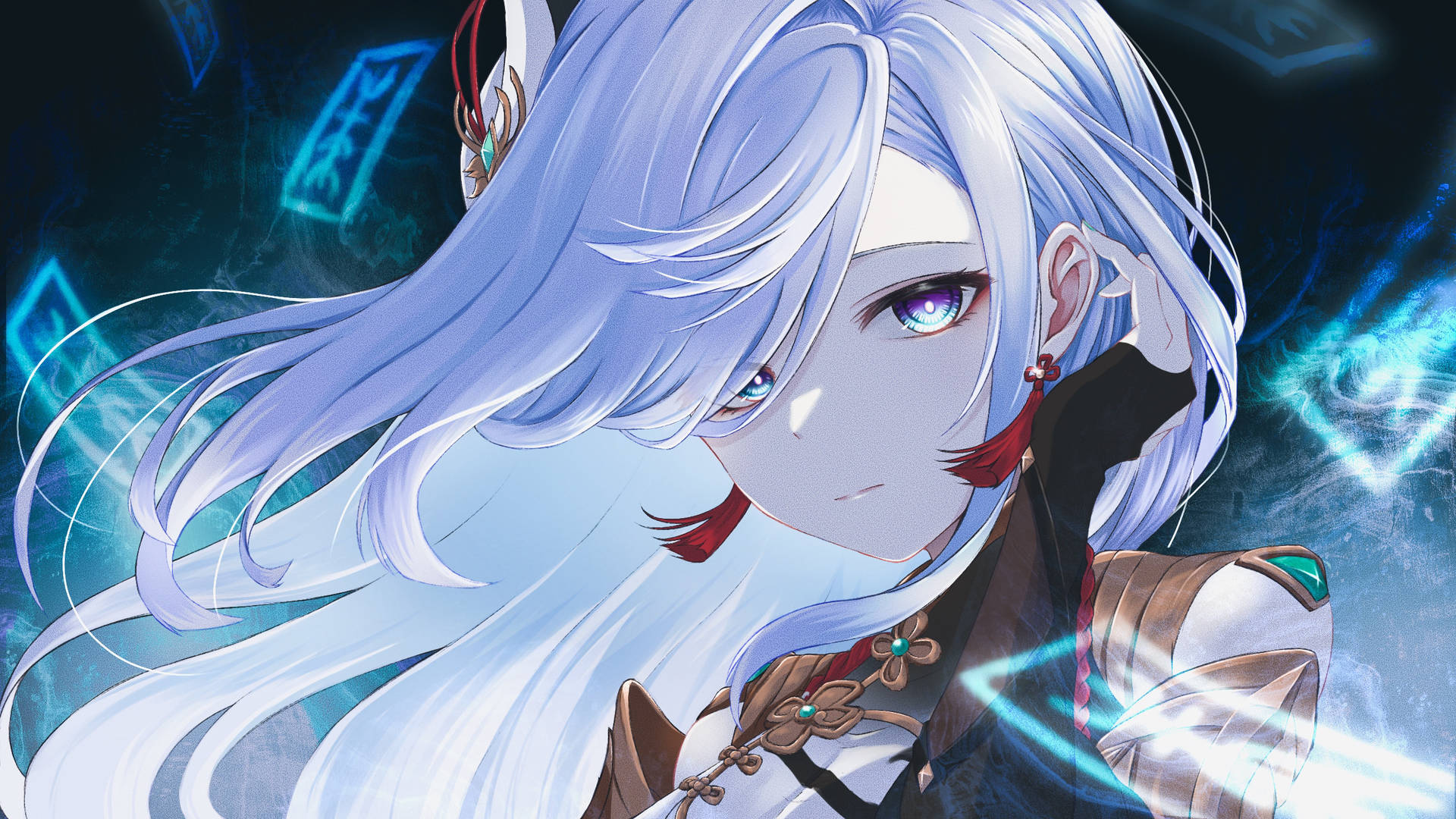 A Girl With White Hair And Blue Eyes Background