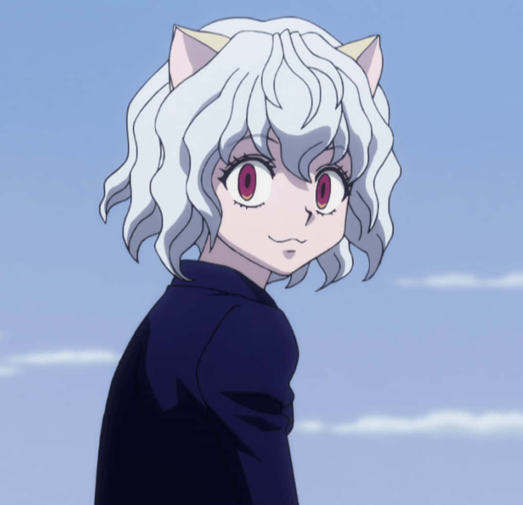 A Girl With White Hair And Pink Eyes Is Standing In The Sky Background