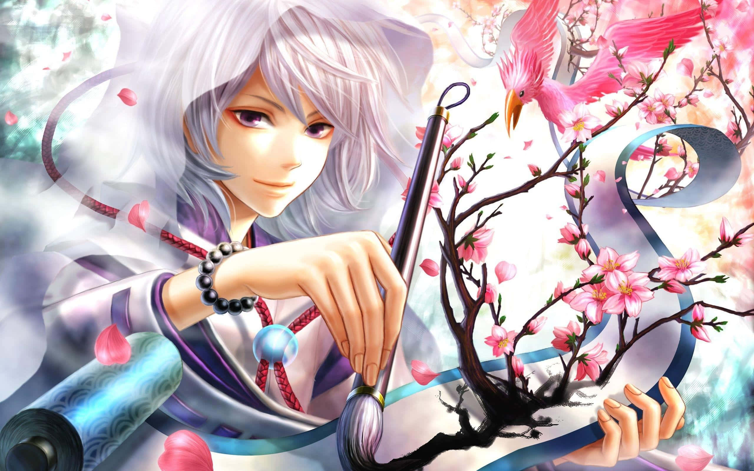 A Girl With White Hair And Pink Flowers Holding A Brush Background