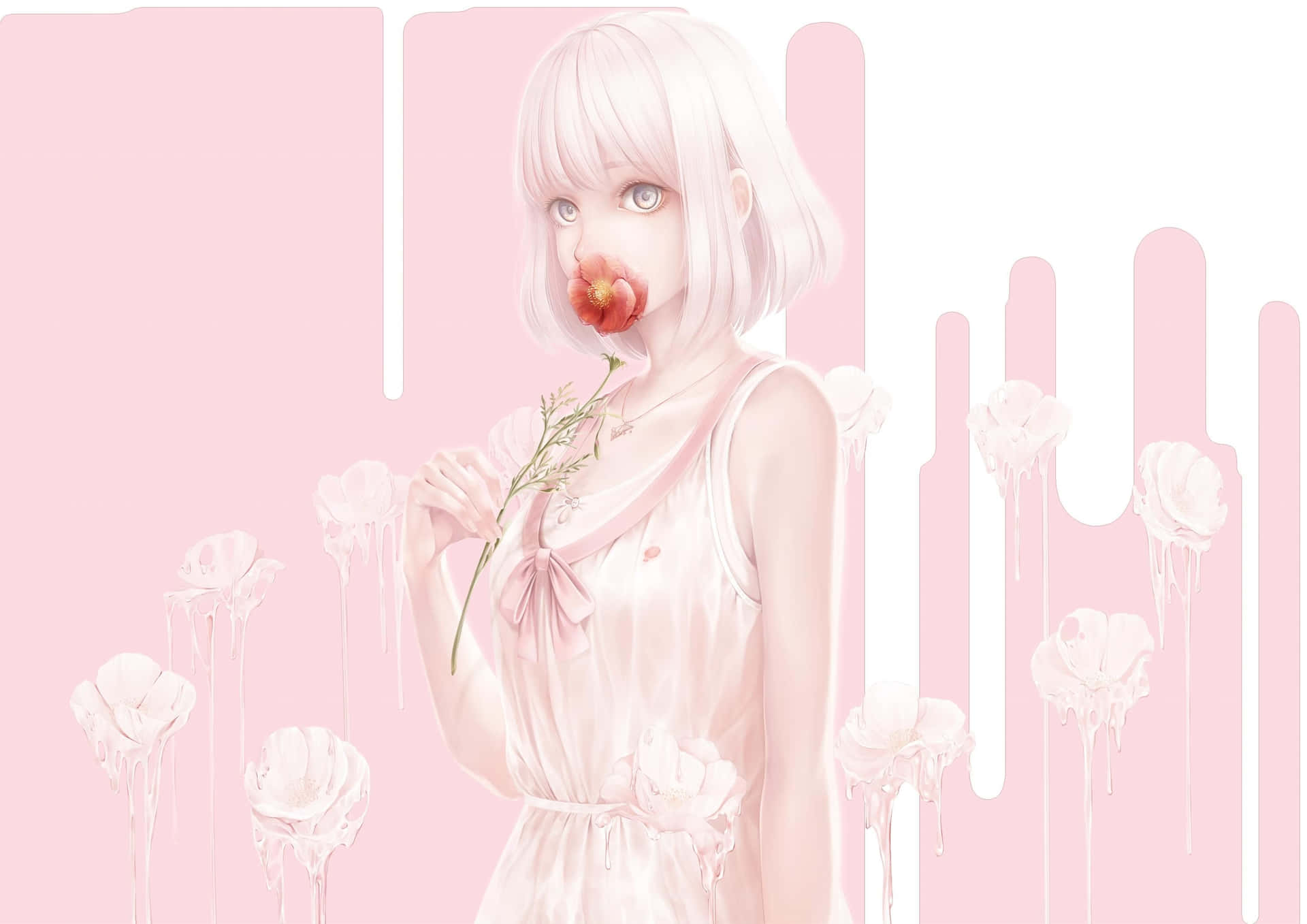 A Girl With White Hair And Pink Flowers Background