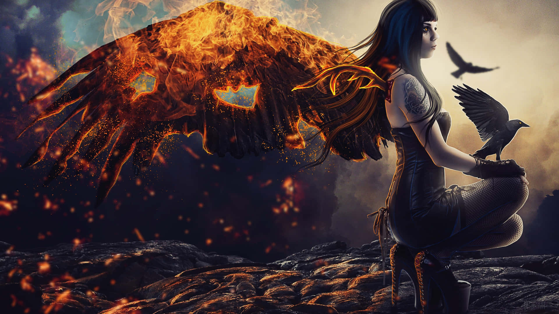 A Girl With Wings And A Bird Sitting On A Rock Background