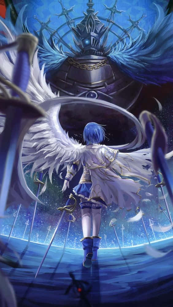 A Girl With Wings And Swords Standing In The Middle Of The Ocean Background