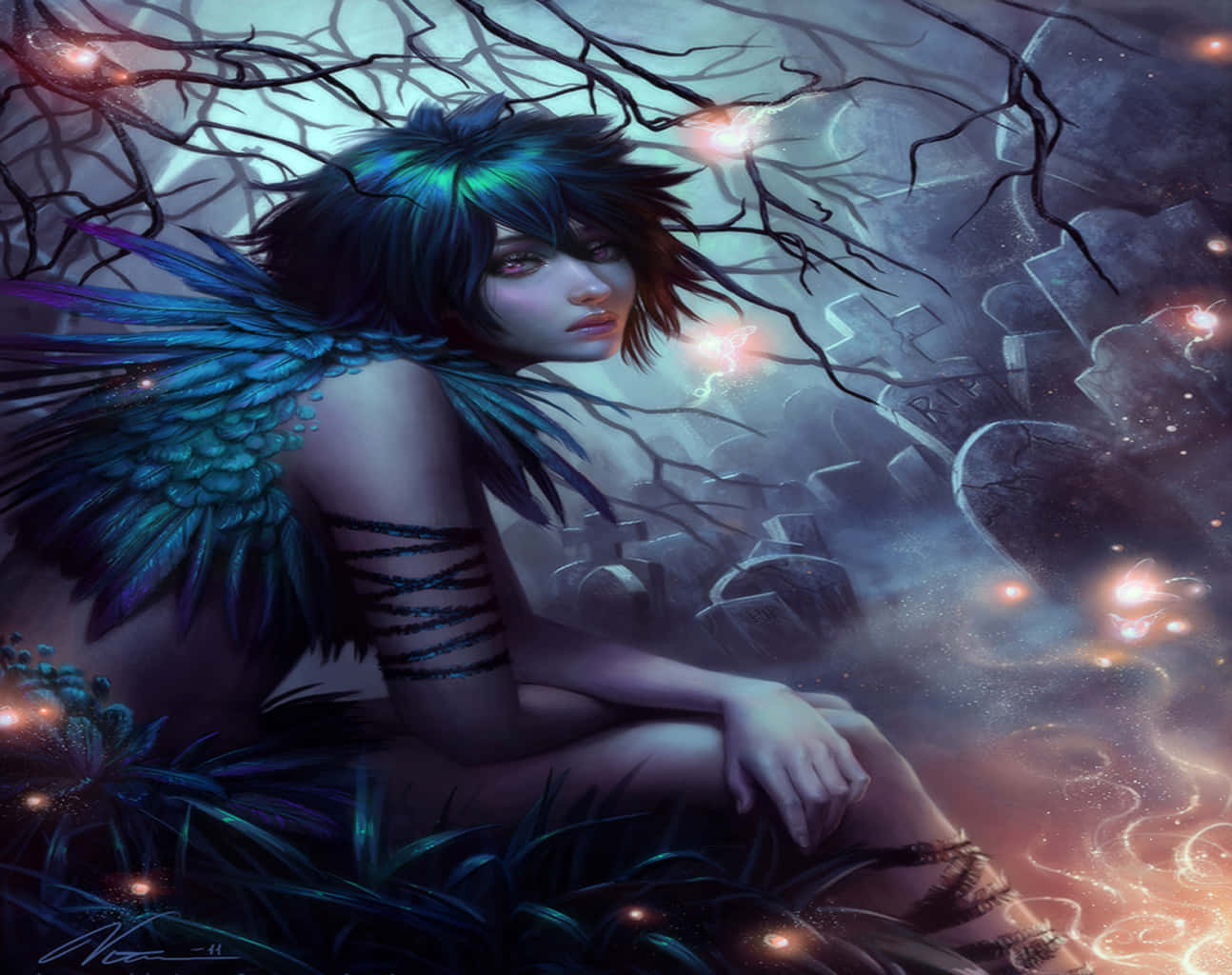 A Girl With Wings Sitting On The Ground Background