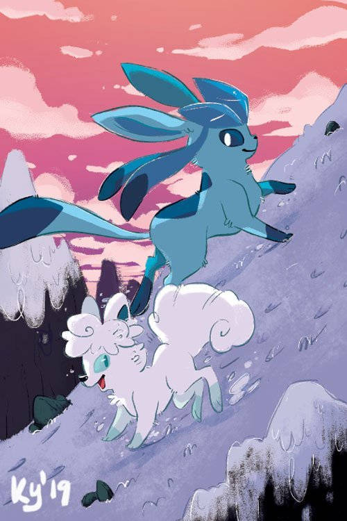 A Glaceon And A Vulpix Look Out Over A Peaceful Hill Background