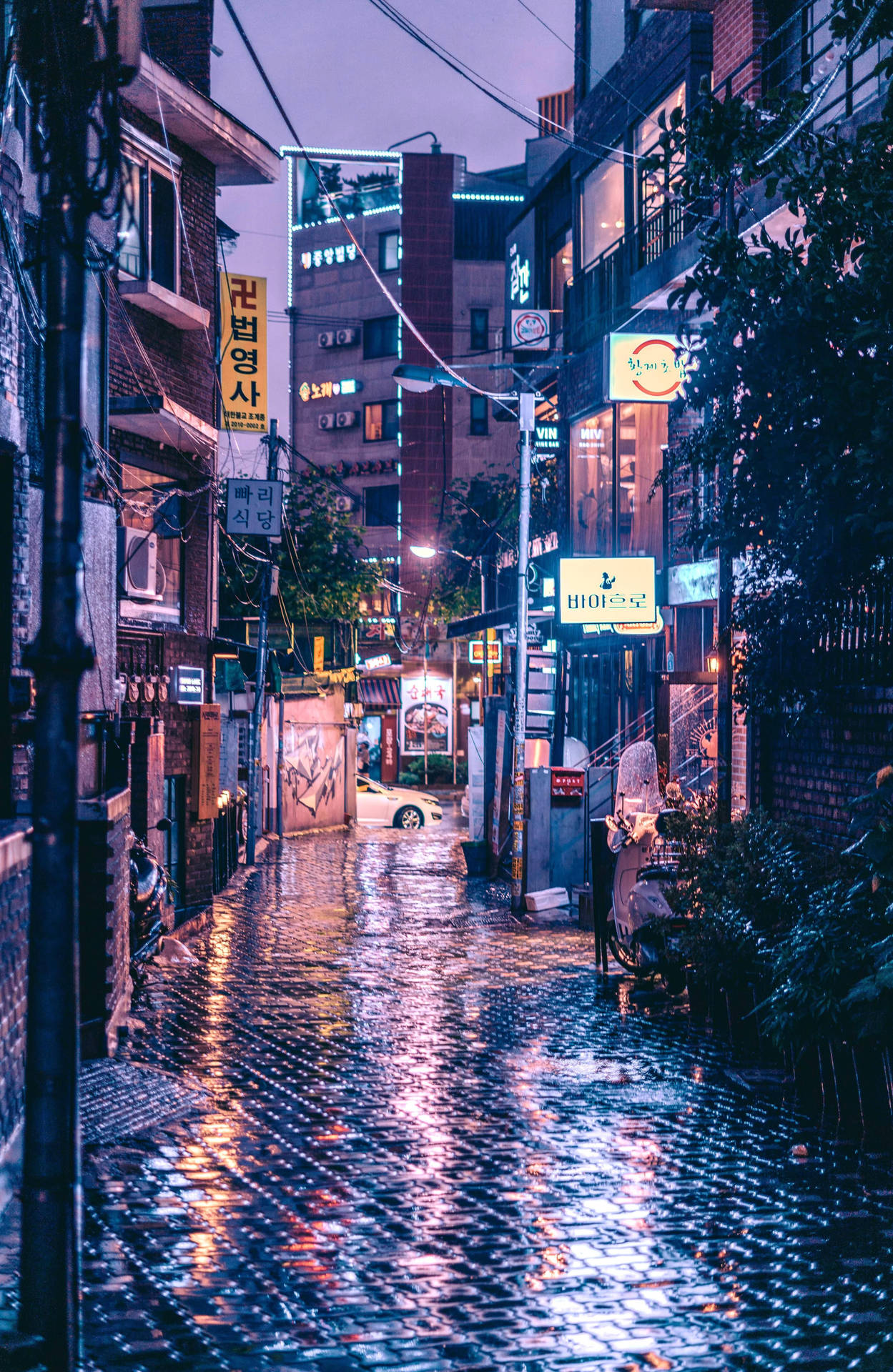 A Glimpse Of Serenity: Korean Aesthetic In A Wet Street Scene Background