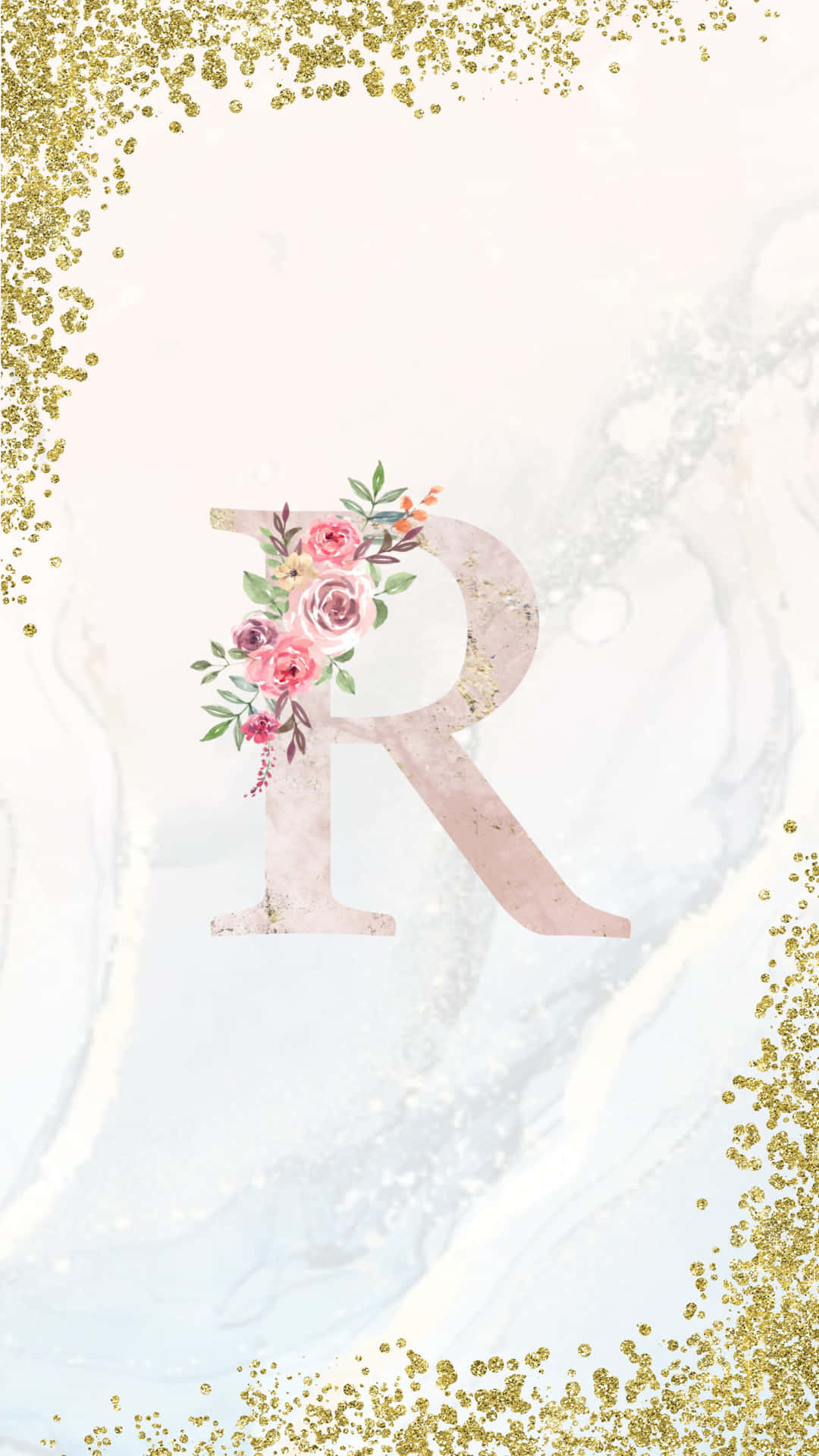A Gold And Pink Floral Monogram With A Gold Glitter Background