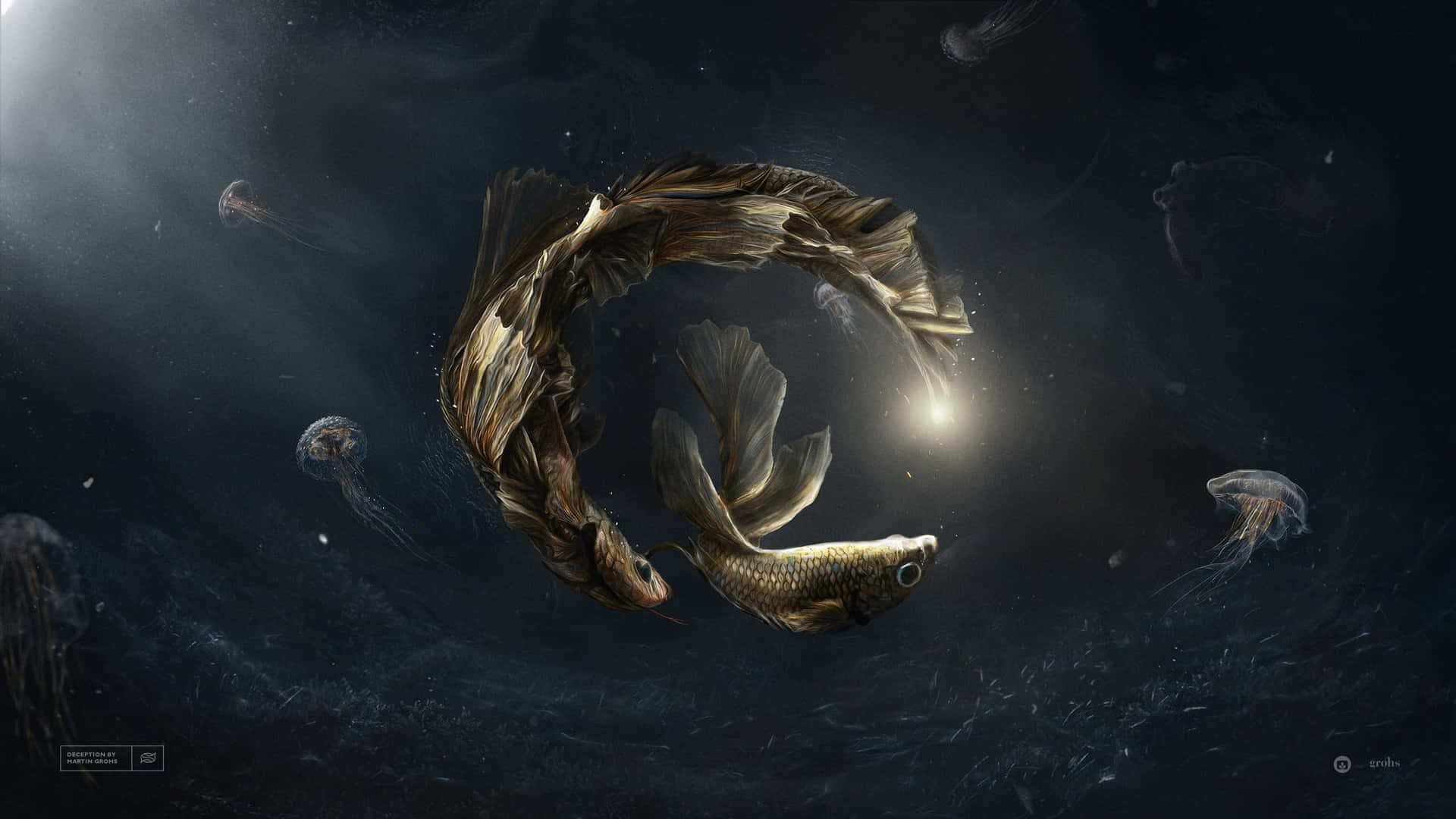 A Gold Fish In The Water With A Starfish Background