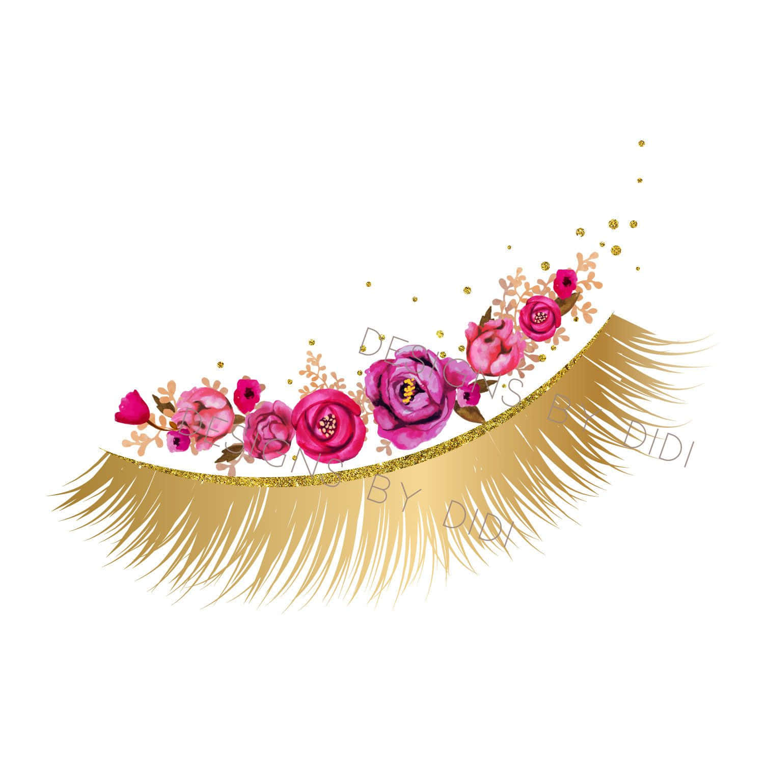 A Gold Lashes With Pink Flowers And Glitter Background