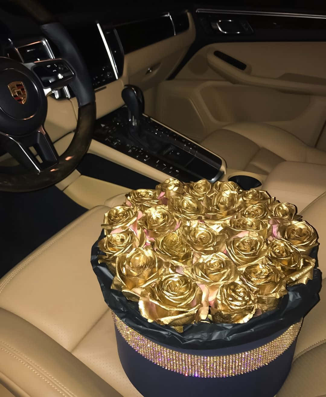 A Gold Rose Bouquet In A Car Background