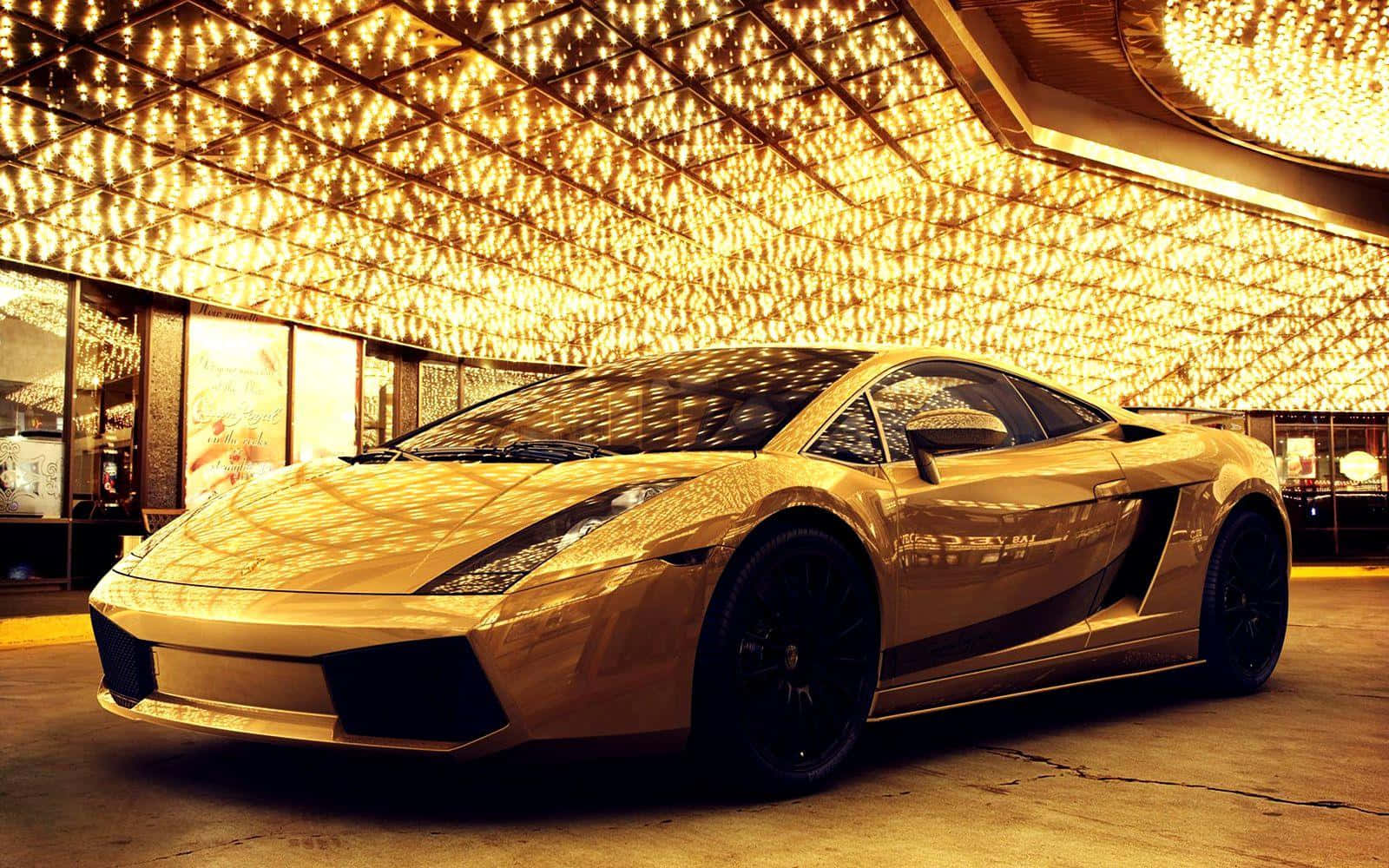 A Gold Sports Car Parked In A Casino Background