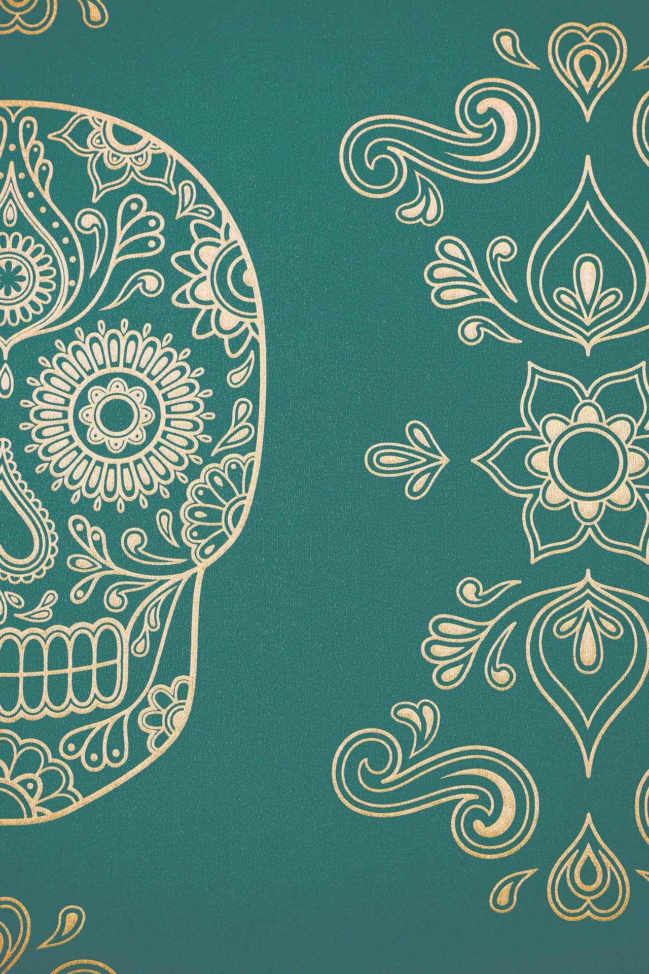 A Gold Sugar Skull On A Green Background Background