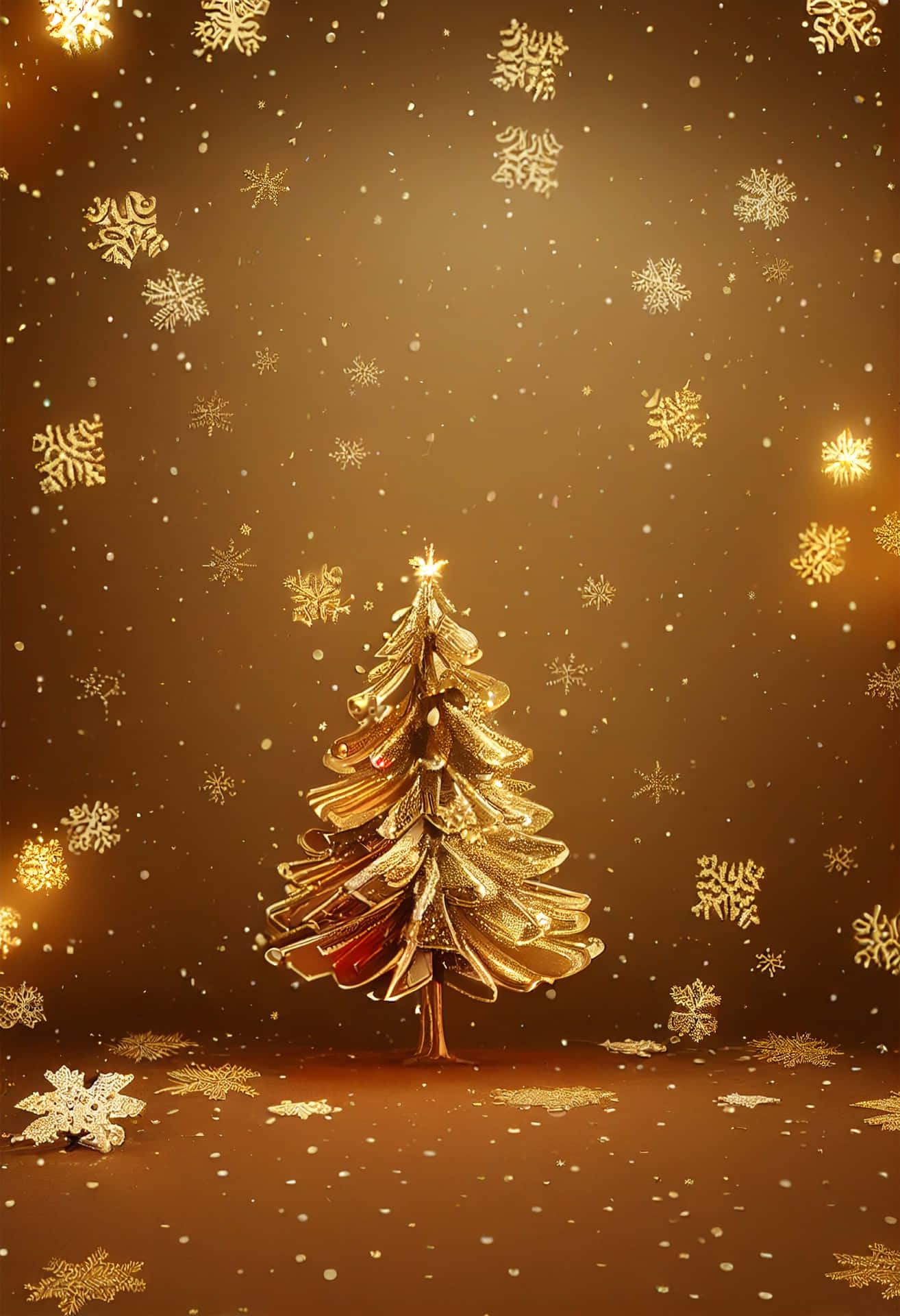 A Golden Christmas Tree On A Brown Background Background