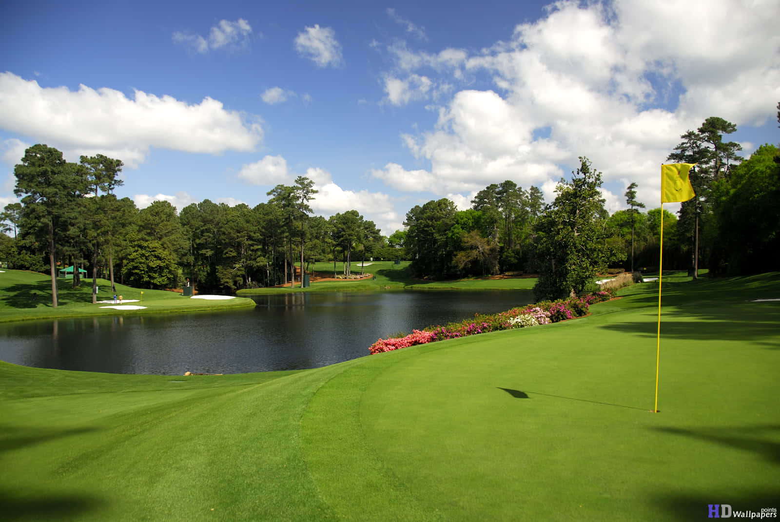 A Golf Course With A Pond And Trees Background