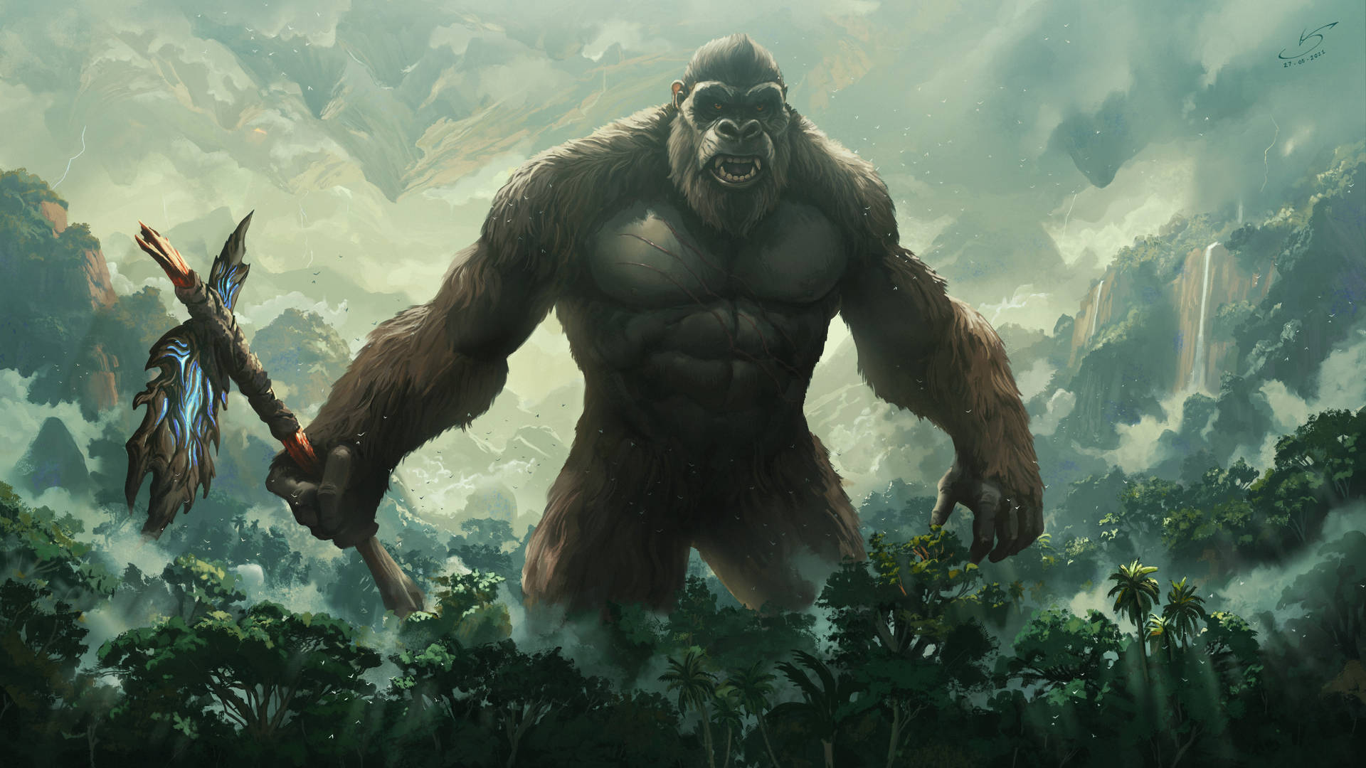 A Gorilla Is Standing In The Jungle With A Spear Background