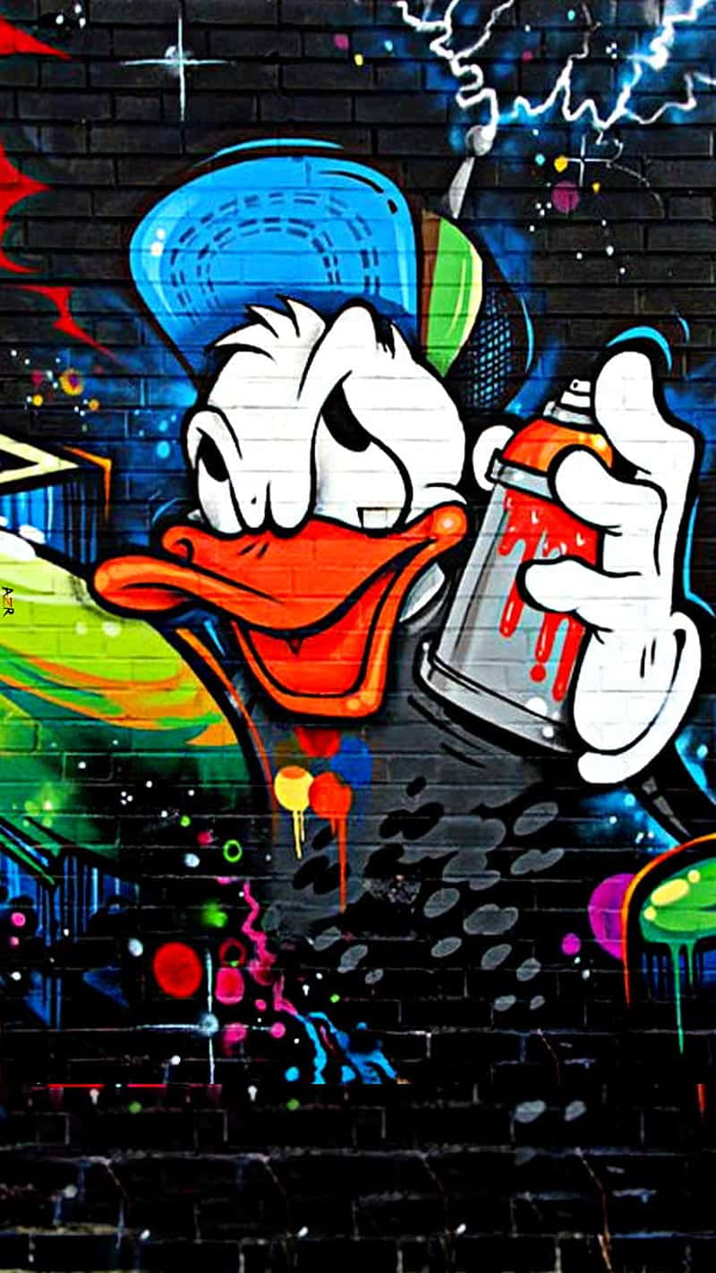 A Graffiti Wall With A Cartoon Duck On It Background