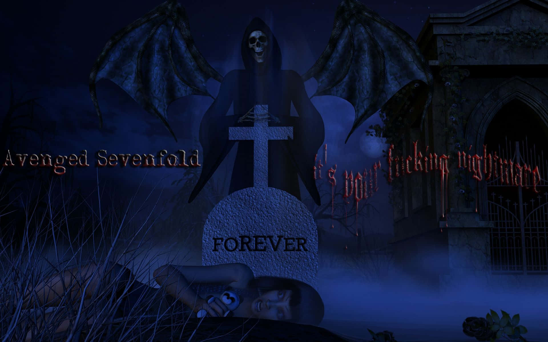 A Graveyard With A Demon And A Gravestone Background