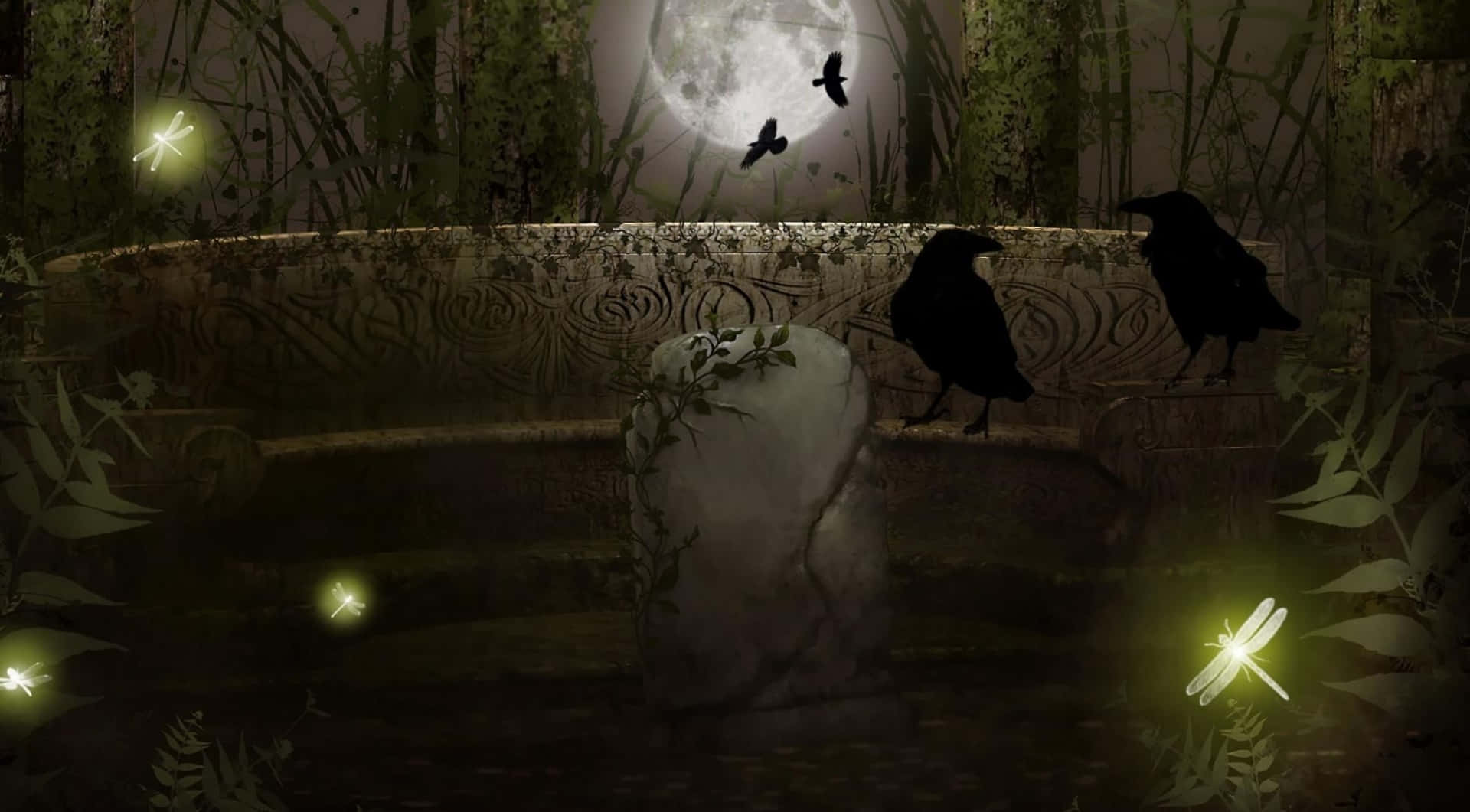A Graveyard With Crows And Flies In The Night