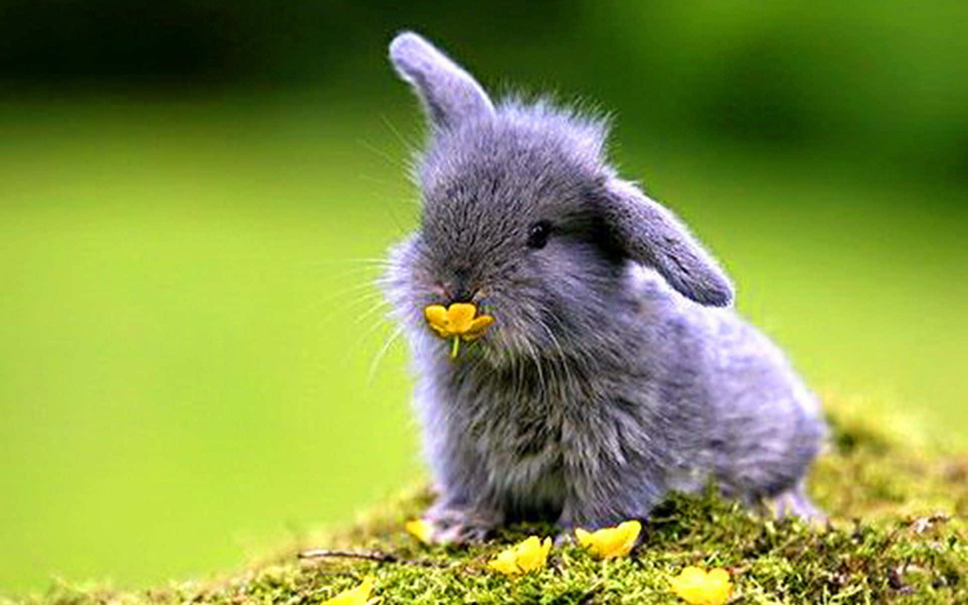 A Gray Bunny Is Sitting On Top Of Moss Background
