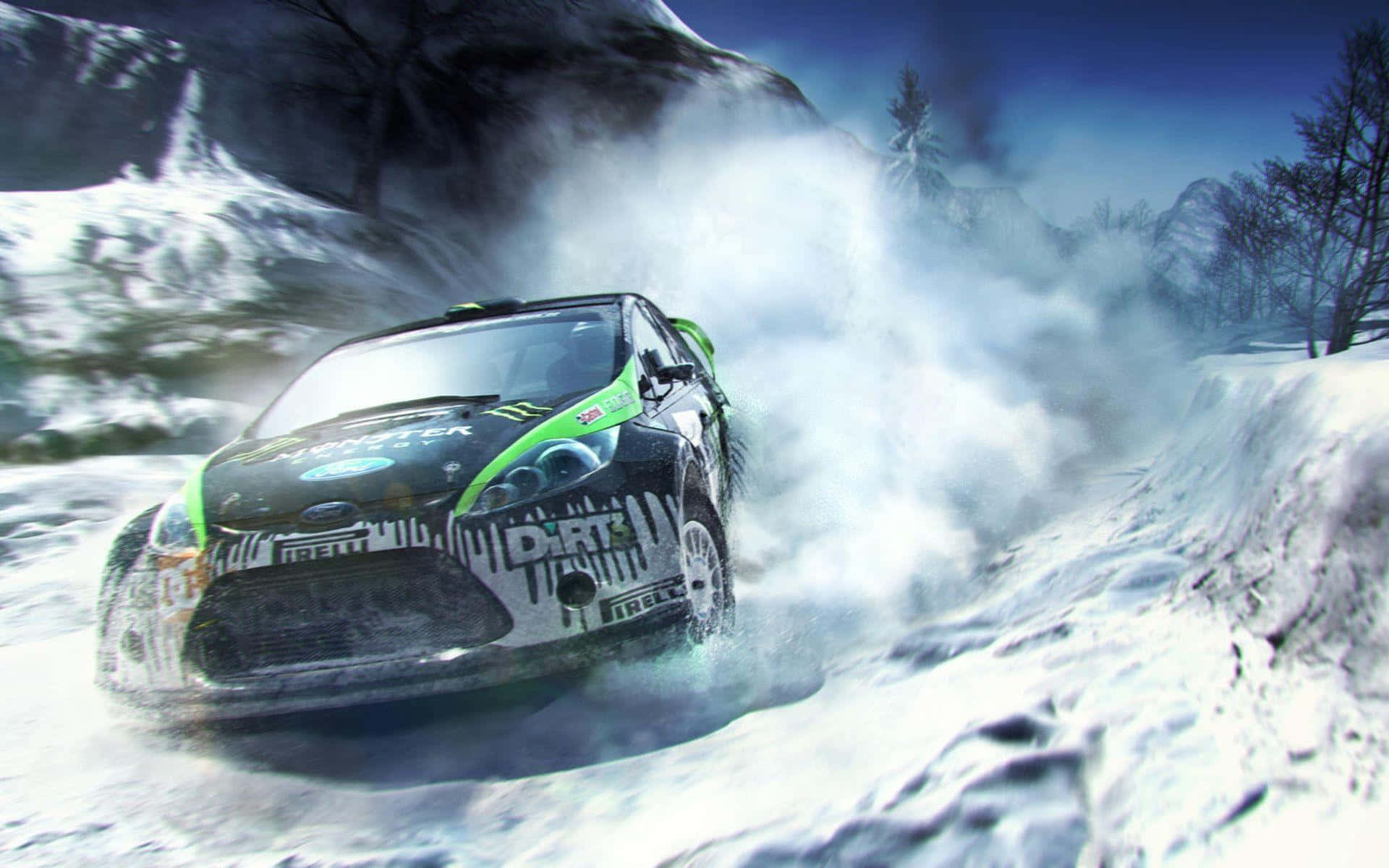 A Green And Black Car Driving Through Snow Background