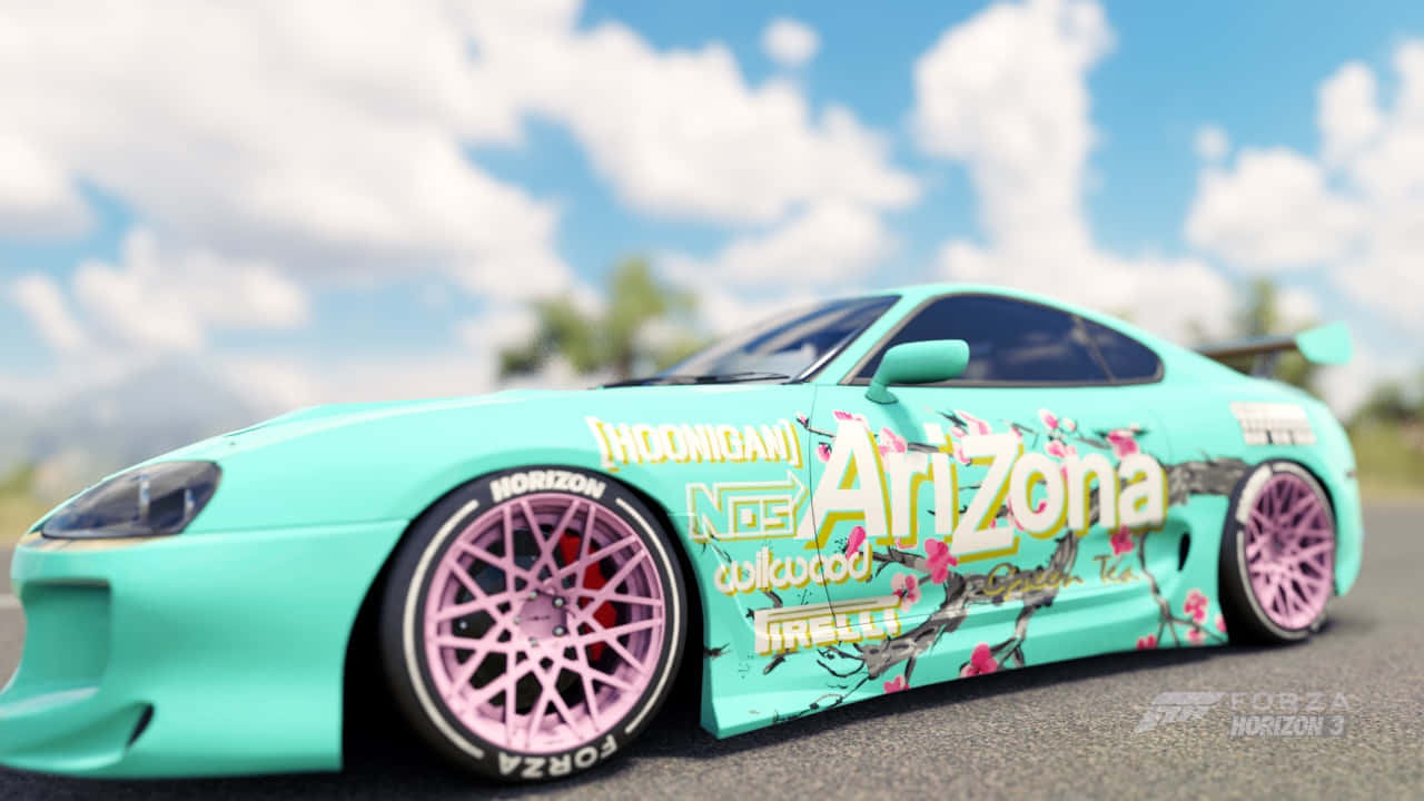 A Green And Pink Car With A Pink Paint Job Background