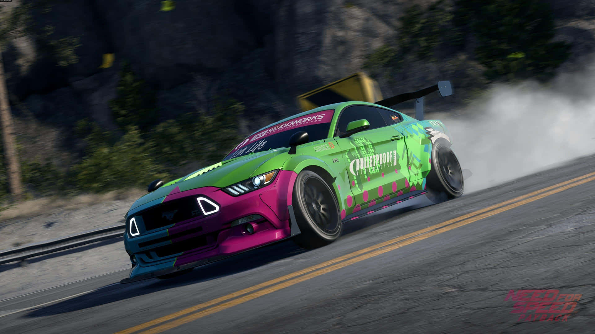 A Green And Pink Mustang Racing Car On A Track Background