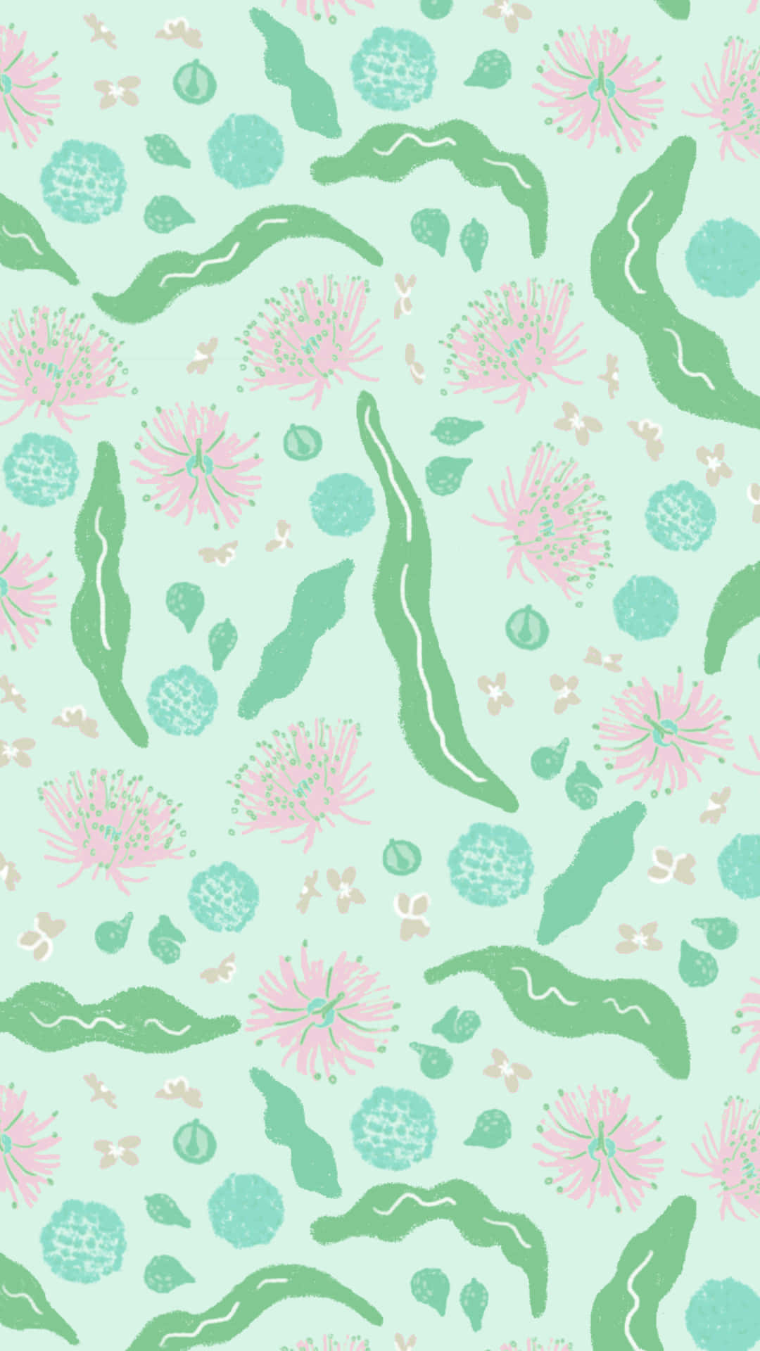 A Green And Pink Pattern With Water Lilies