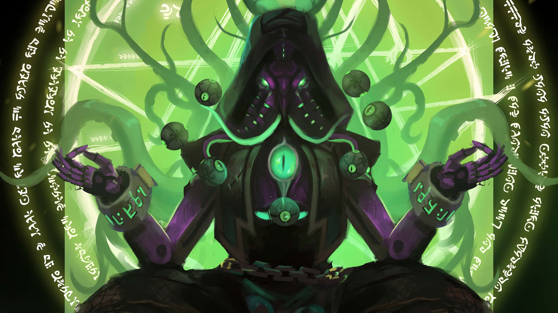 A Green And Purple Creature Sitting In A Circle Background