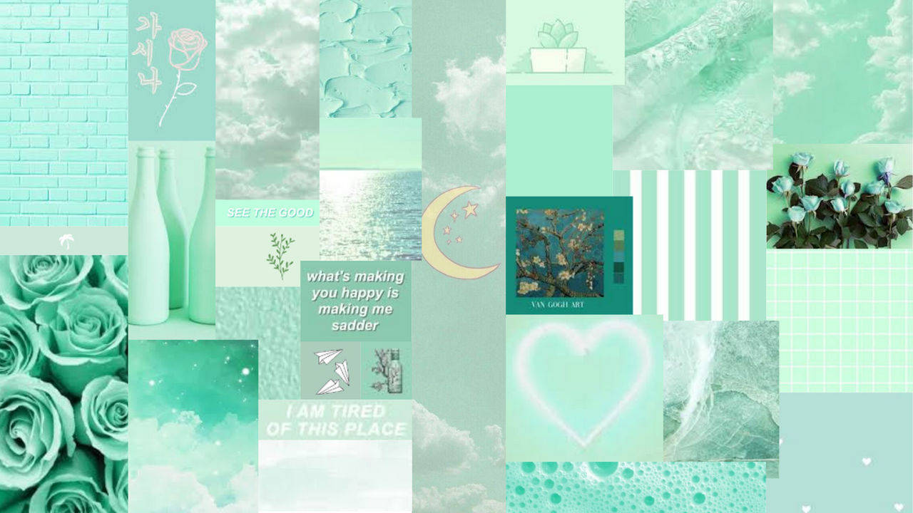 A Green And White Collage With Flowers And Hearts