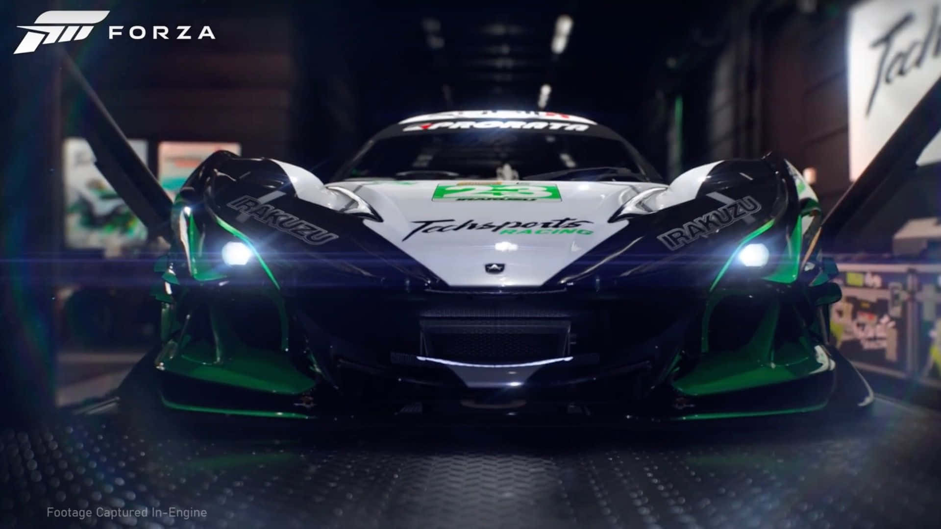 A Green And White Racing Car In A Garage Background