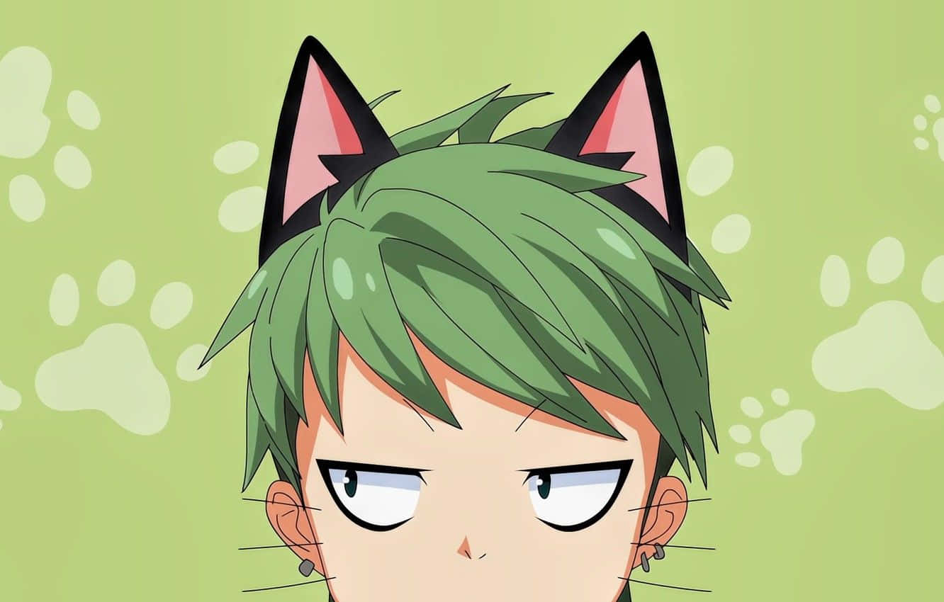 A Green Anime Character With Cat Ears Background